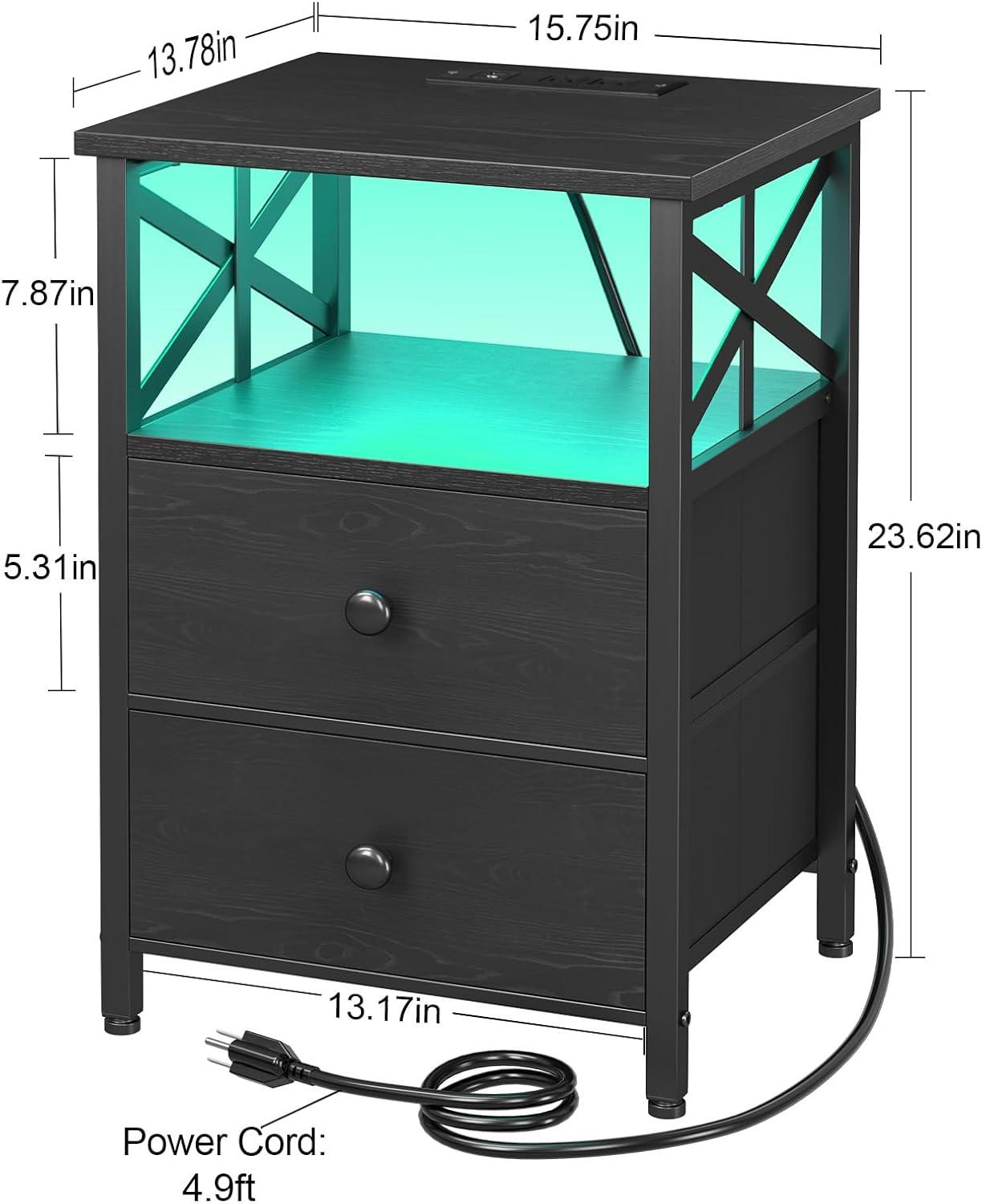 AMHANCIBLE Night Stand Set 2, LED Nightstand with Charging Station, End Tables Living Room with Fabric Drawers, Bedside Table for Bedroom, Black, HET052LBK