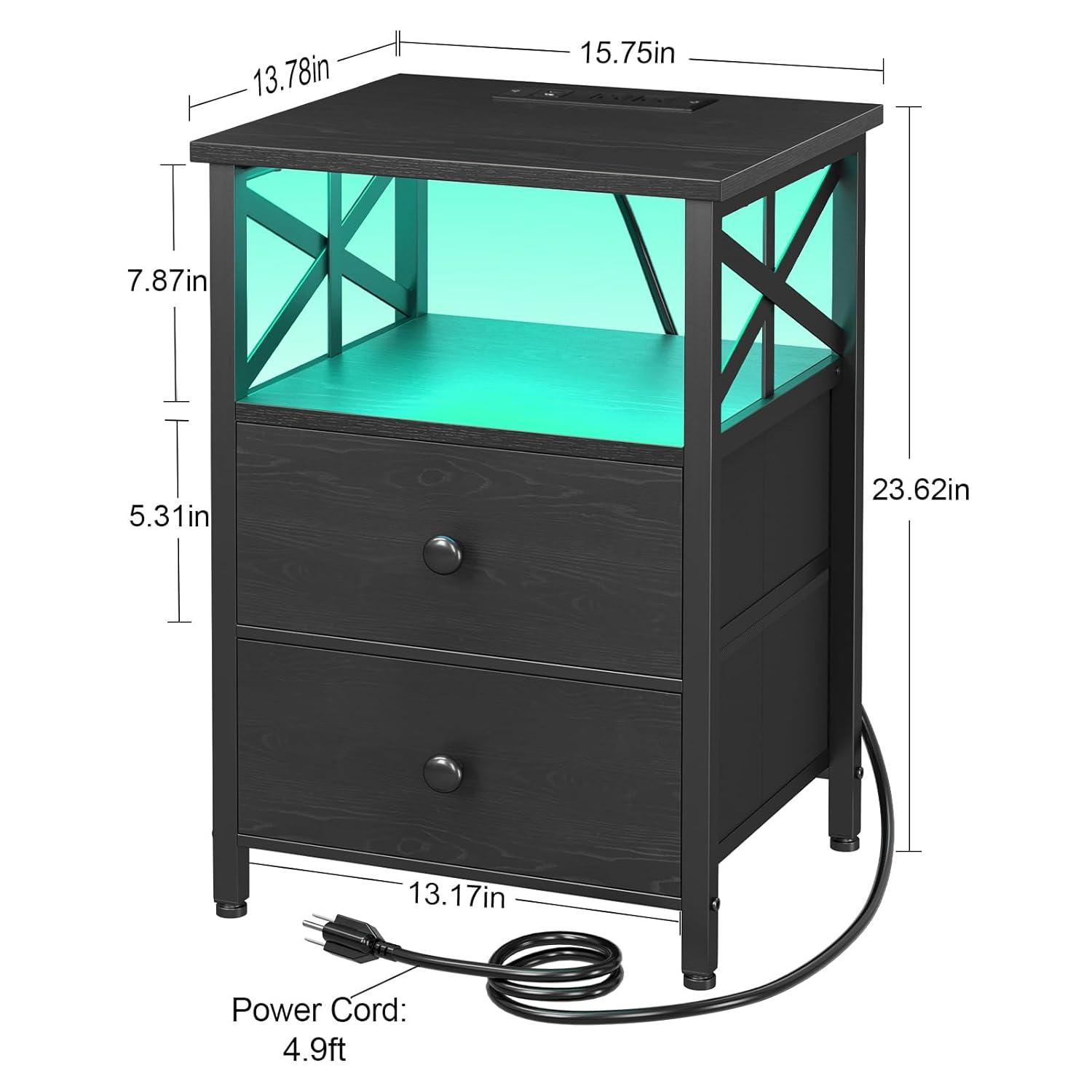 AMHANCIBLE Night Stand Set 2, LED Nightstand with Charging Station, End Tables Living Room with Fabric Drawers, Bedside Table for Bedroom, Black, HET052LBK