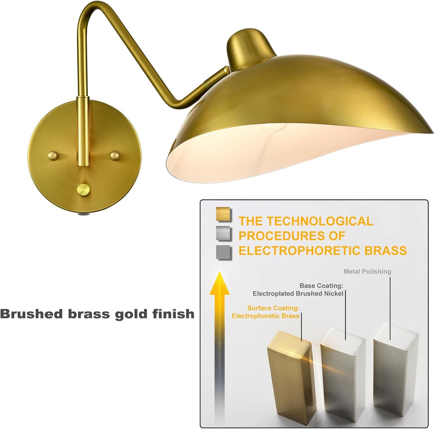 Plug-in Wall Sconce Gold Swing Arm Wall Sconce Brass Wall Lamp with on/Off Switch for Bedroom Set of 2