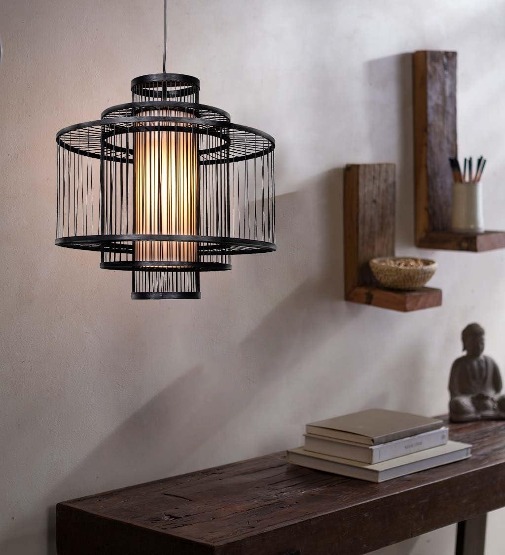 Black Tiered Bamboo Drum Chandelier Pendant Light