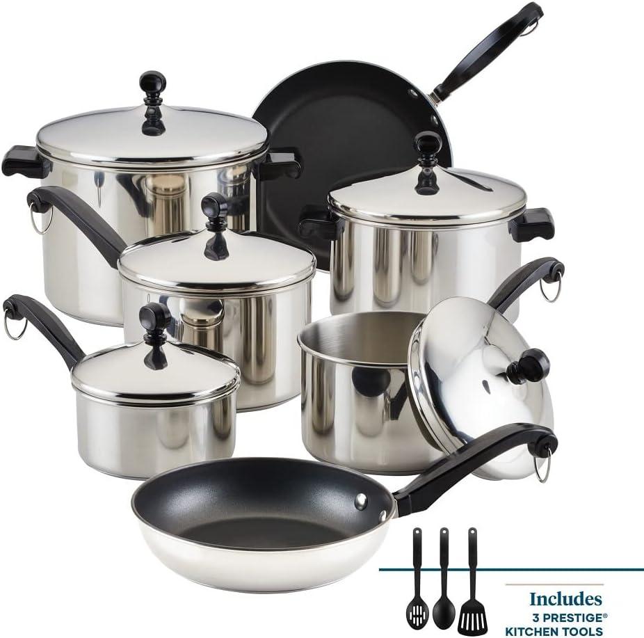 Farberware 15-Piece Stainless Steel Nonstick Cookware Set with Utensils