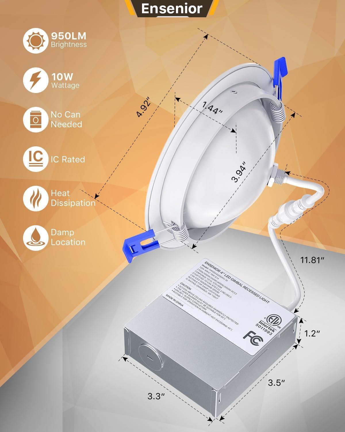 Ensenior 12 PACK 4 inch 5CCT LED Gimbal Led Recessed Light with Junction Box, 360°+90° Adjustable Directional Eyeball Lighting, Dimmable, 2700K/3000K/3500K/4000K/5000K, 950LM, 10W=85W-ETL&FCC