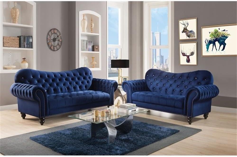 Elegant Blue Velvet Chesterfield Sofa with Tufted Detail and Nailhead Trim