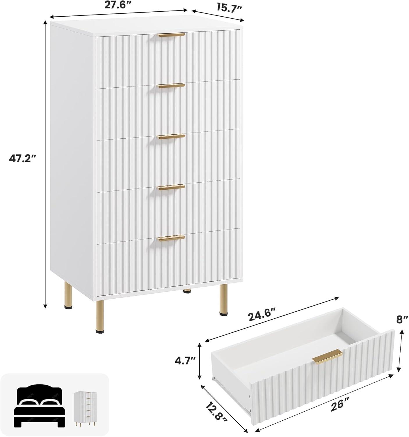 Garvee Fluted 5 Drawer Dresser for Bedroom, 48" Tall Modern Chest of Drawers, Wooden Dresser Organizer for Living Room, Hallway, Kids Room, White