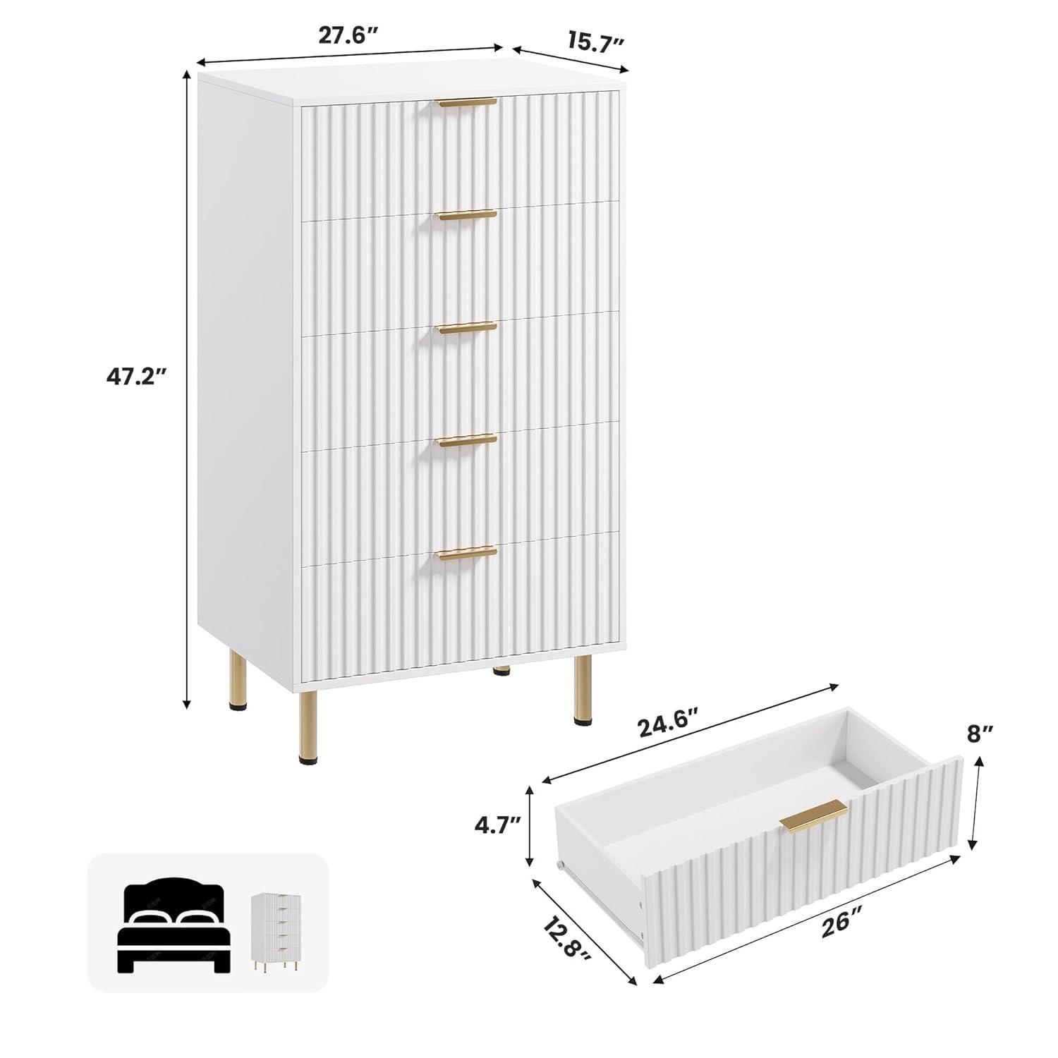 Garvee Fluted 5 Drawer Dresser for Bedroom, 48" Tall Modern Chest of Drawers, Wooden Dresser Organizer for Living Room, Hallway, Kids Room, White