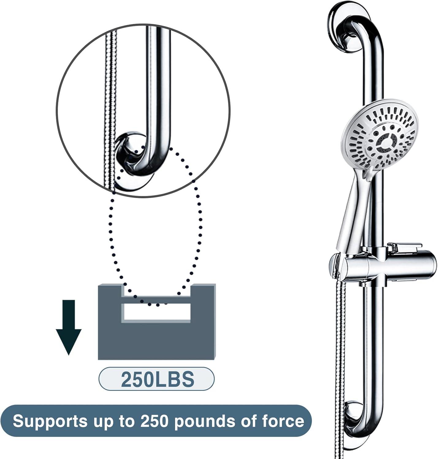 Bright Showers Stainless Steel Slide Bar Grab Rail Set Ada Compliant Includes Handheld Shower Head and 69'' Hose-Chrome