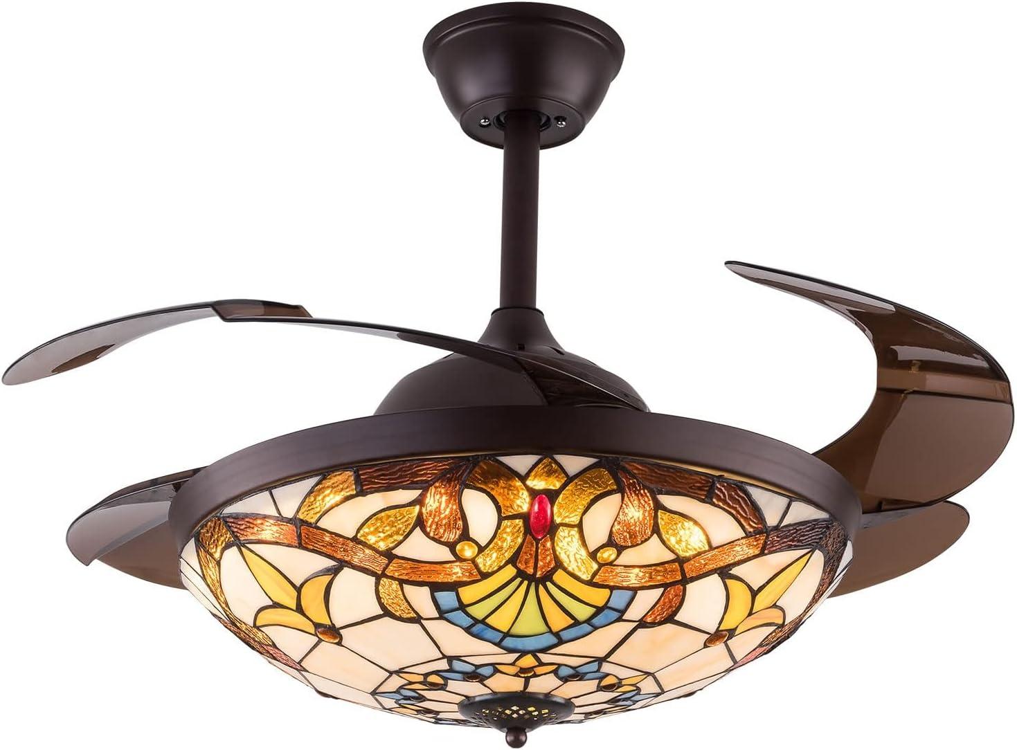 FETCOI 42"Tiffany Style Invisible Ceiling Fan with Lights and Remote Control Retractable Reverse Blades
