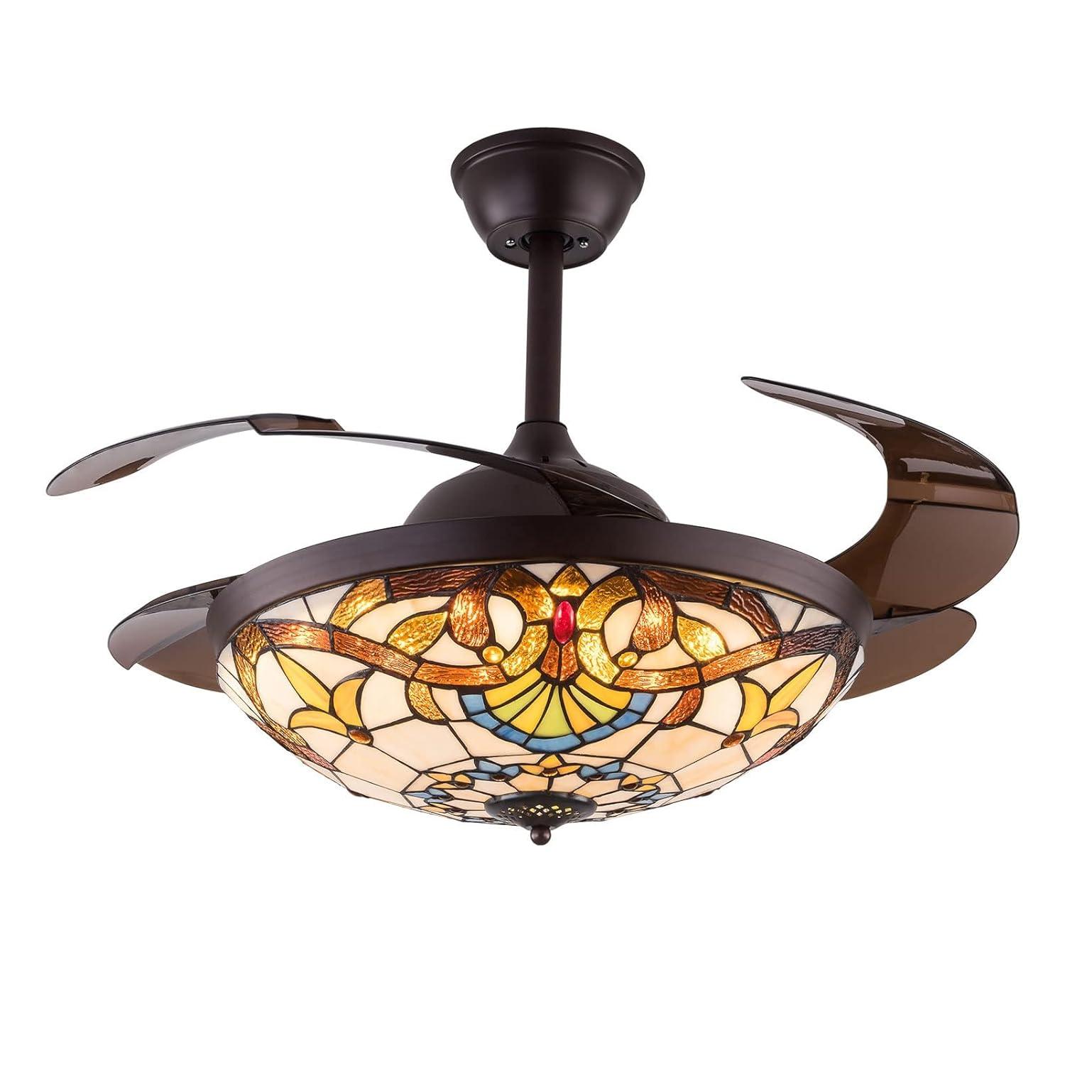 FETCOI 42"Tiffany Style Invisible Ceiling Fan with Lights and Remote Control Retractable Reverse Blades