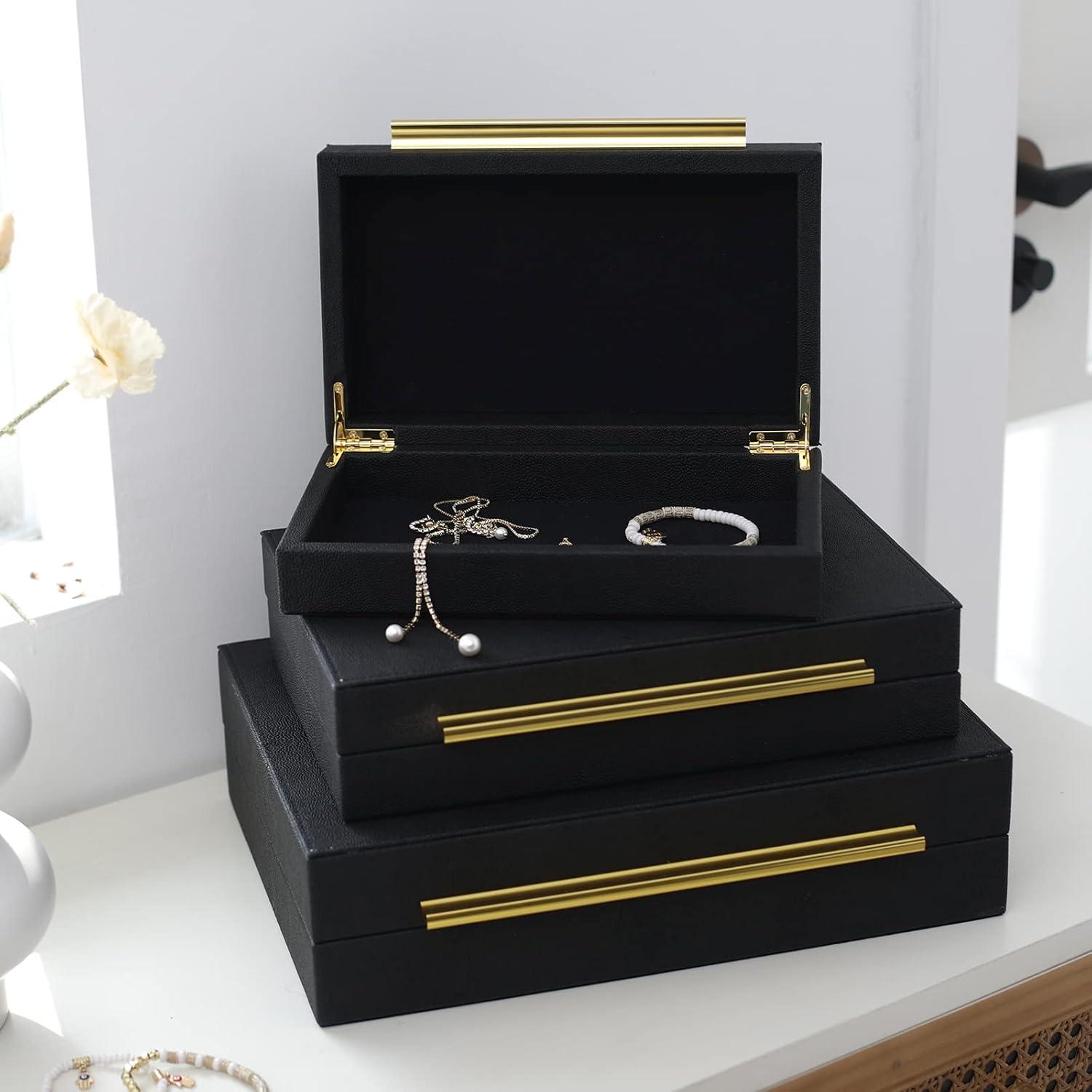 Faux  Leather Decorative Jewelry Storage Nesting Organizer Boxes with Lids Gold Handle Set of 3, Black
