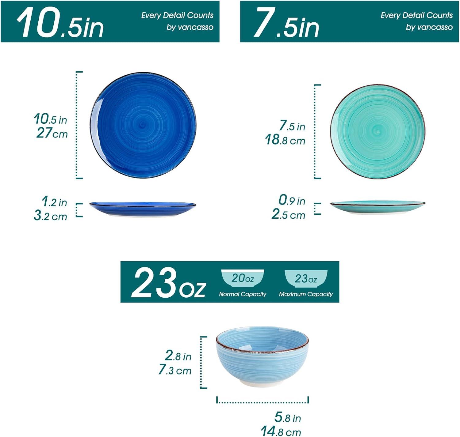 Bonita Blue Dinnerware Sets, Plates and Bowls Set for 4, 12 Pieces Stoneware Dinnerware Set, Dishwasher and Microwave Safe