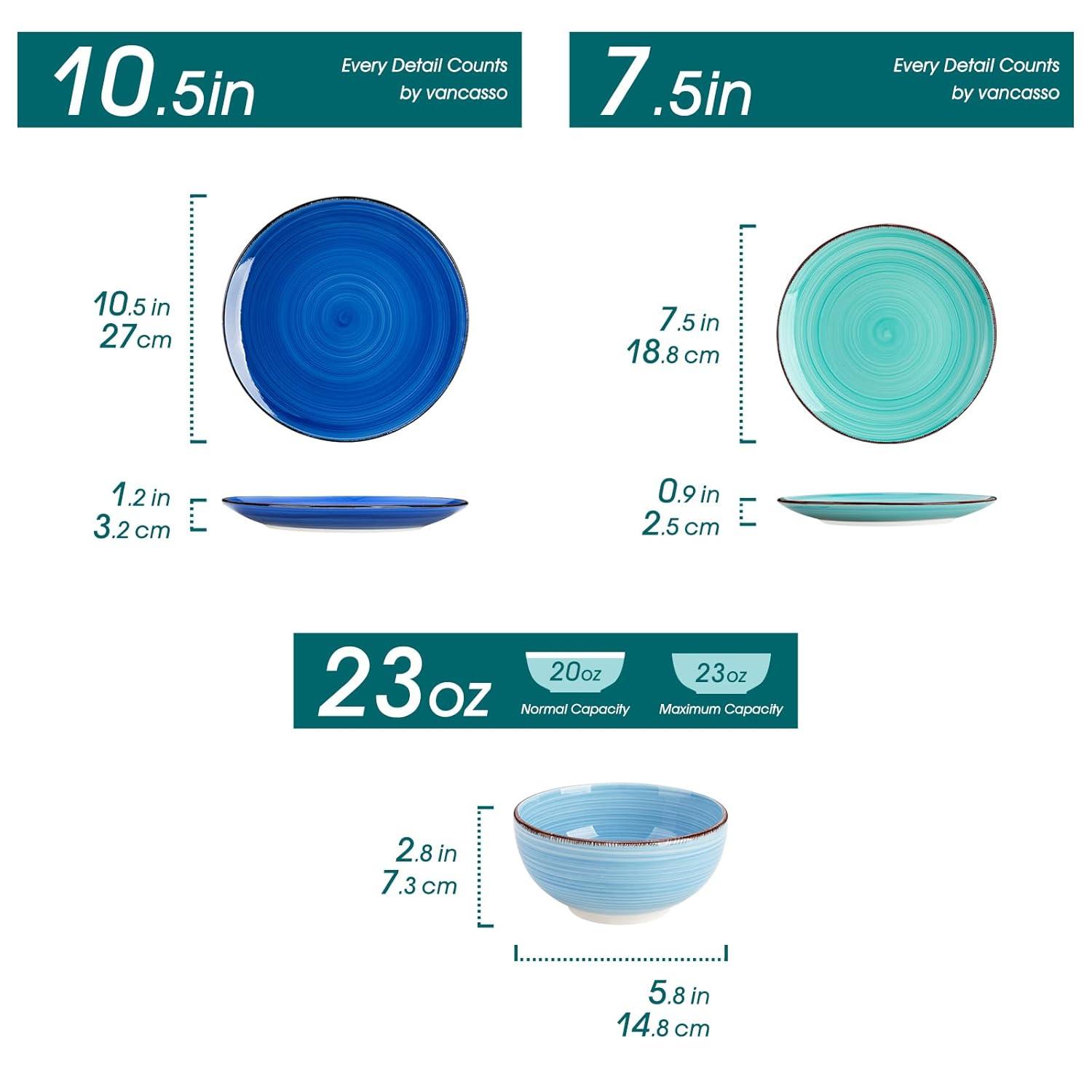 Bonita Blue Dinnerware Sets, Plates and Bowls Set for 4, 12 Pieces Stoneware Dinnerware Set, Dishwasher and Microwave Safe