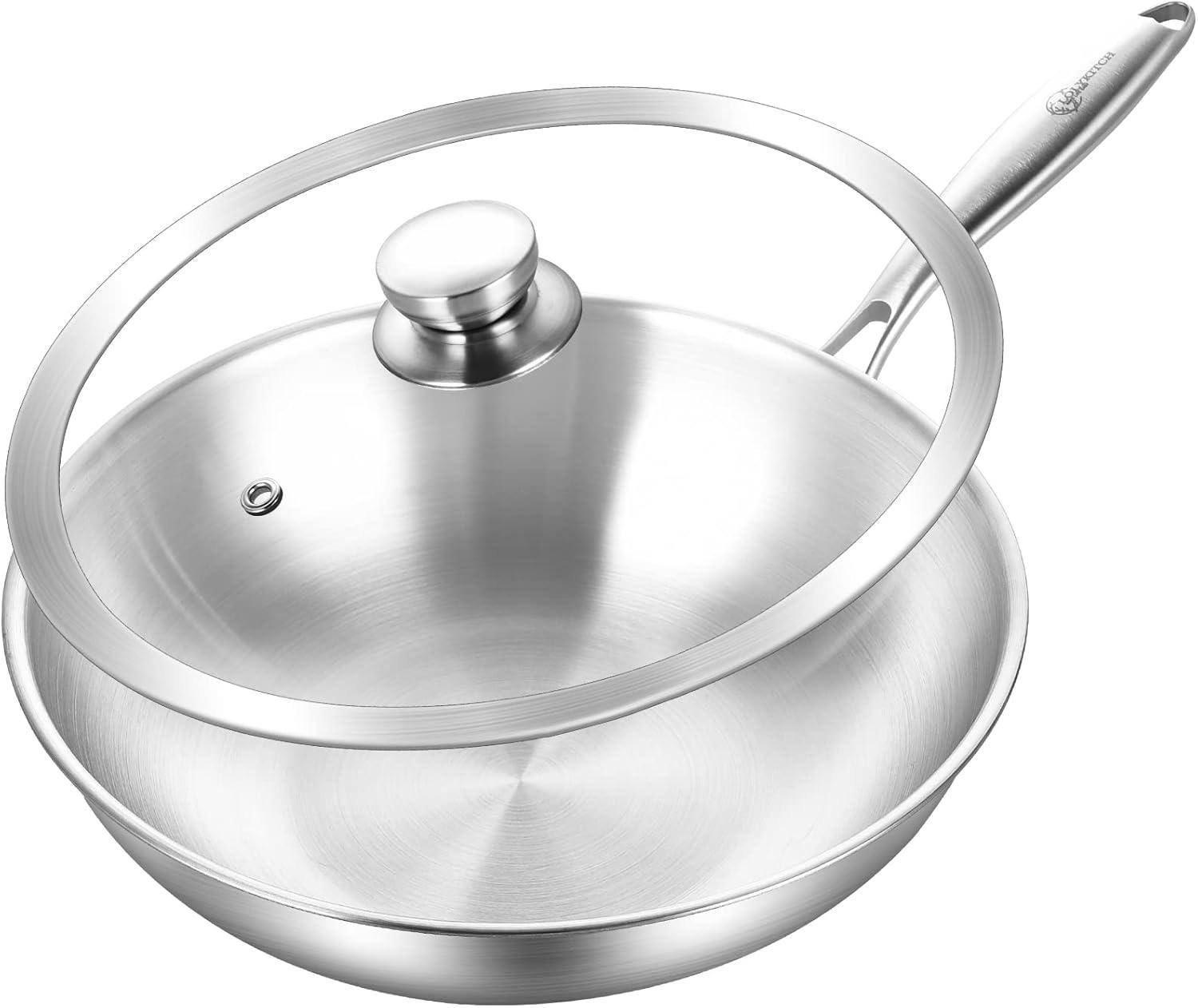 12 Inch Tri-Ply Stainless Steel Wok Pan with Lid