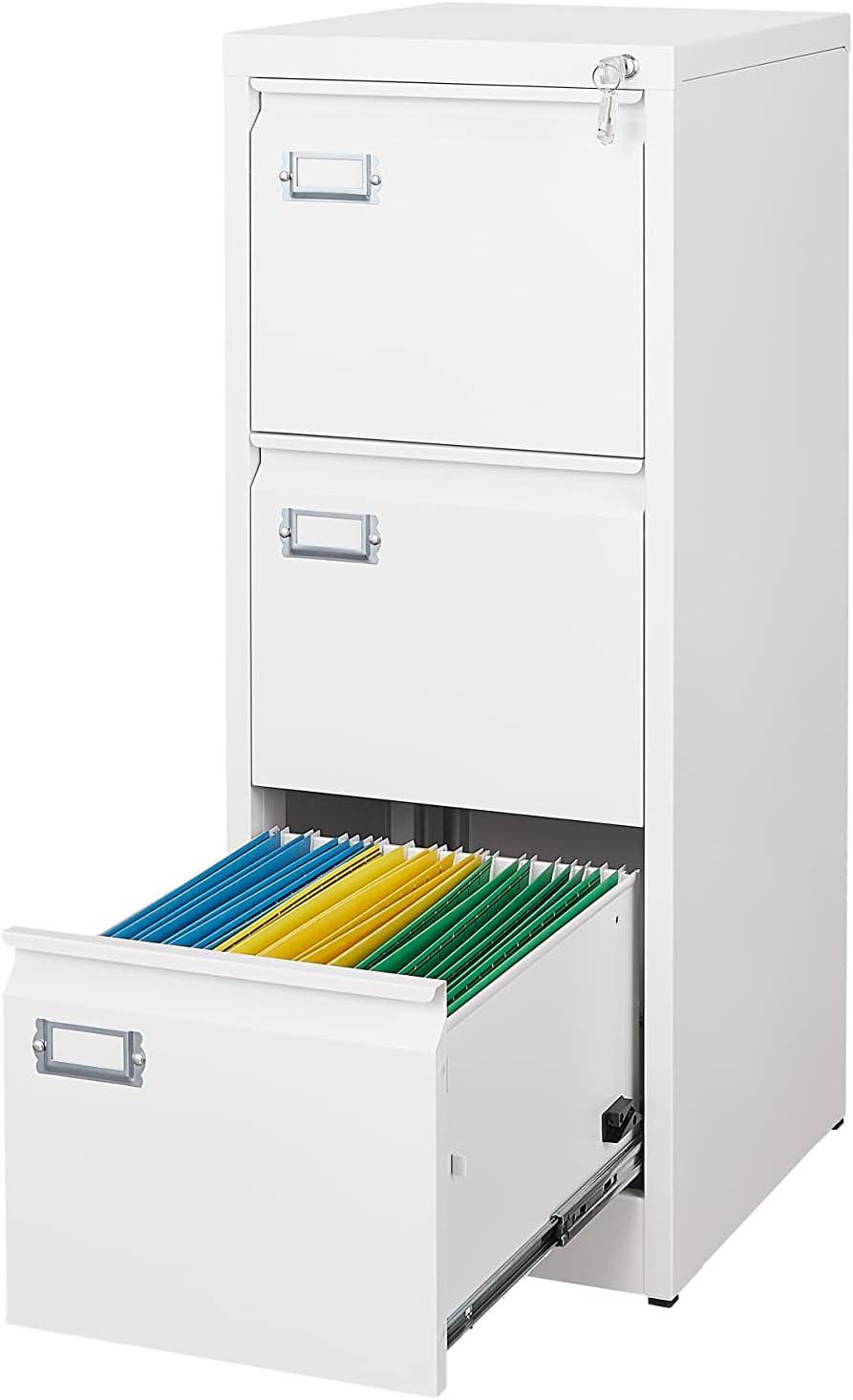 White Metal 3-Drawer Lockable Vertical File Cabinet