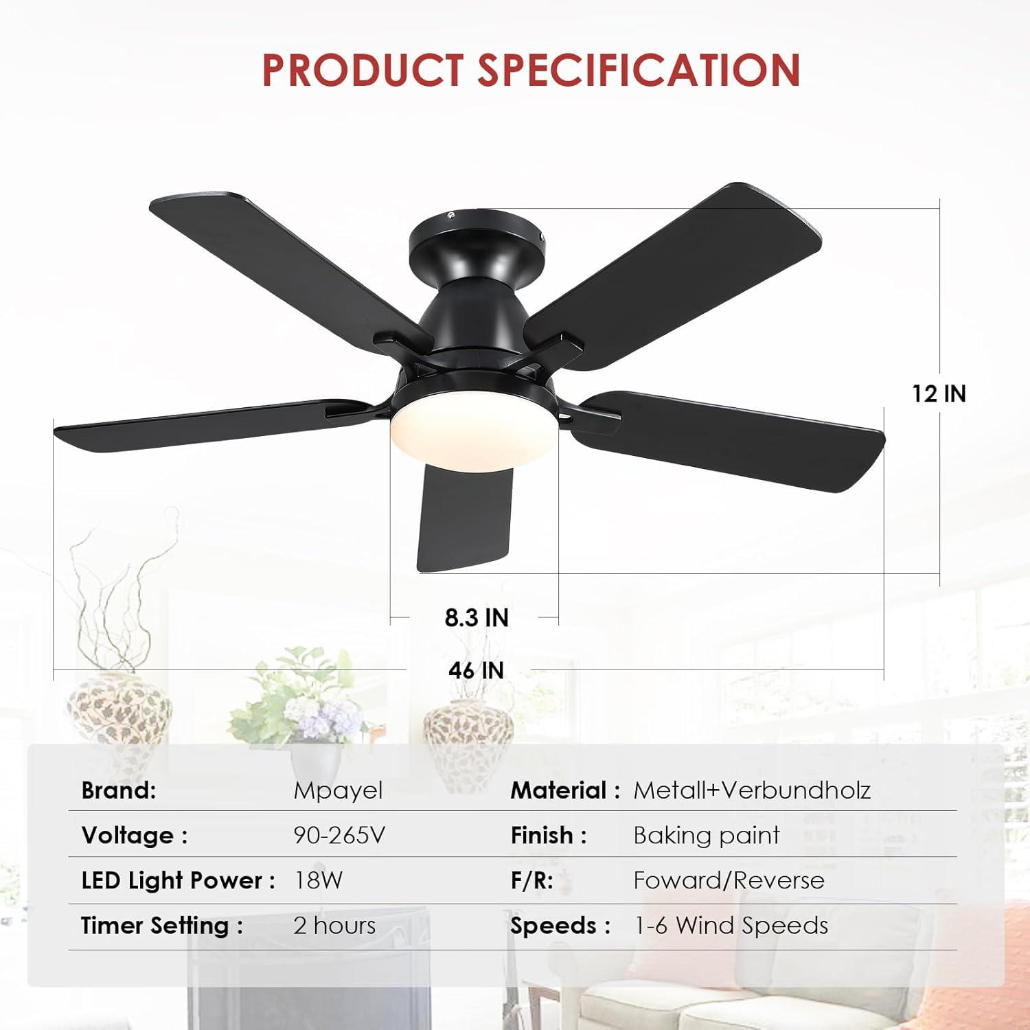46" Low Profile Indoor Ceiling Fan with Light and Remote/APP Control, Flush Mount, LED Dimmable DC Reversible Modern Ceiling Fan for Bedroom - Black