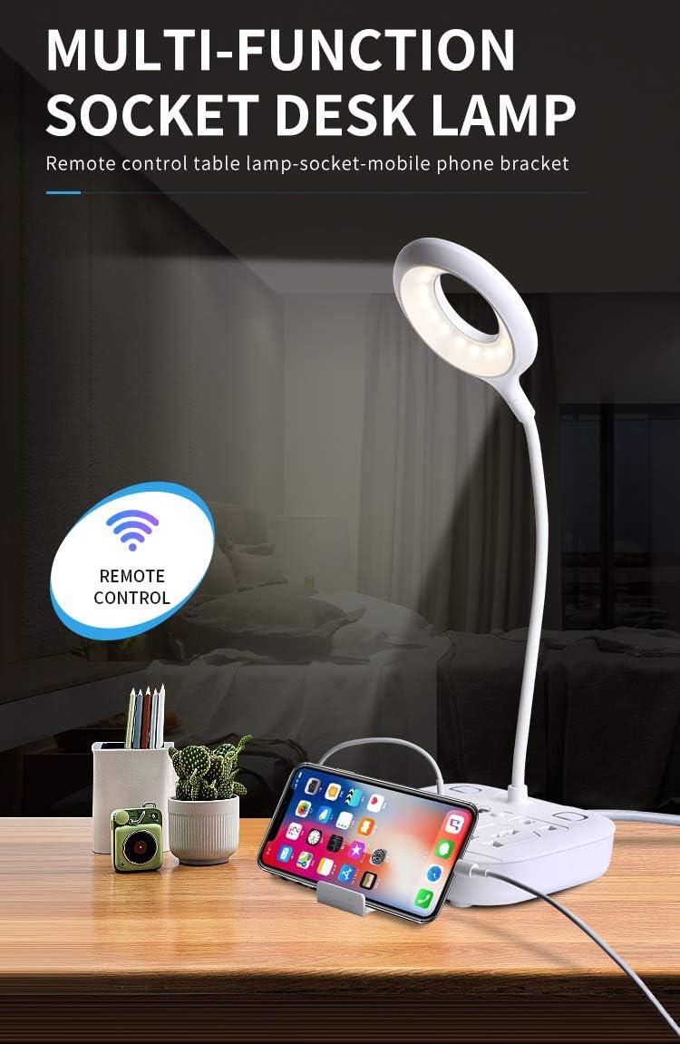 LED Desk Lamp, Adjustable Table Light with Remote Control, Eye-Caring Dimmable Office Lamp with 2 USB Charging Ports, 4 AC Power Outlets, Phone Stand, Multi Brightness Levels (White)