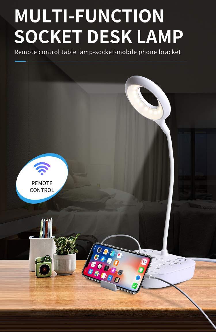 LED Desk Lamp, Adjustable Table Light with Remote Control, Eye-Caring Dimmable Office Lamp with 2 USB Charging Ports, 4 AC Power Outlets, Phone Stand, Multi Brightness Levels (White)