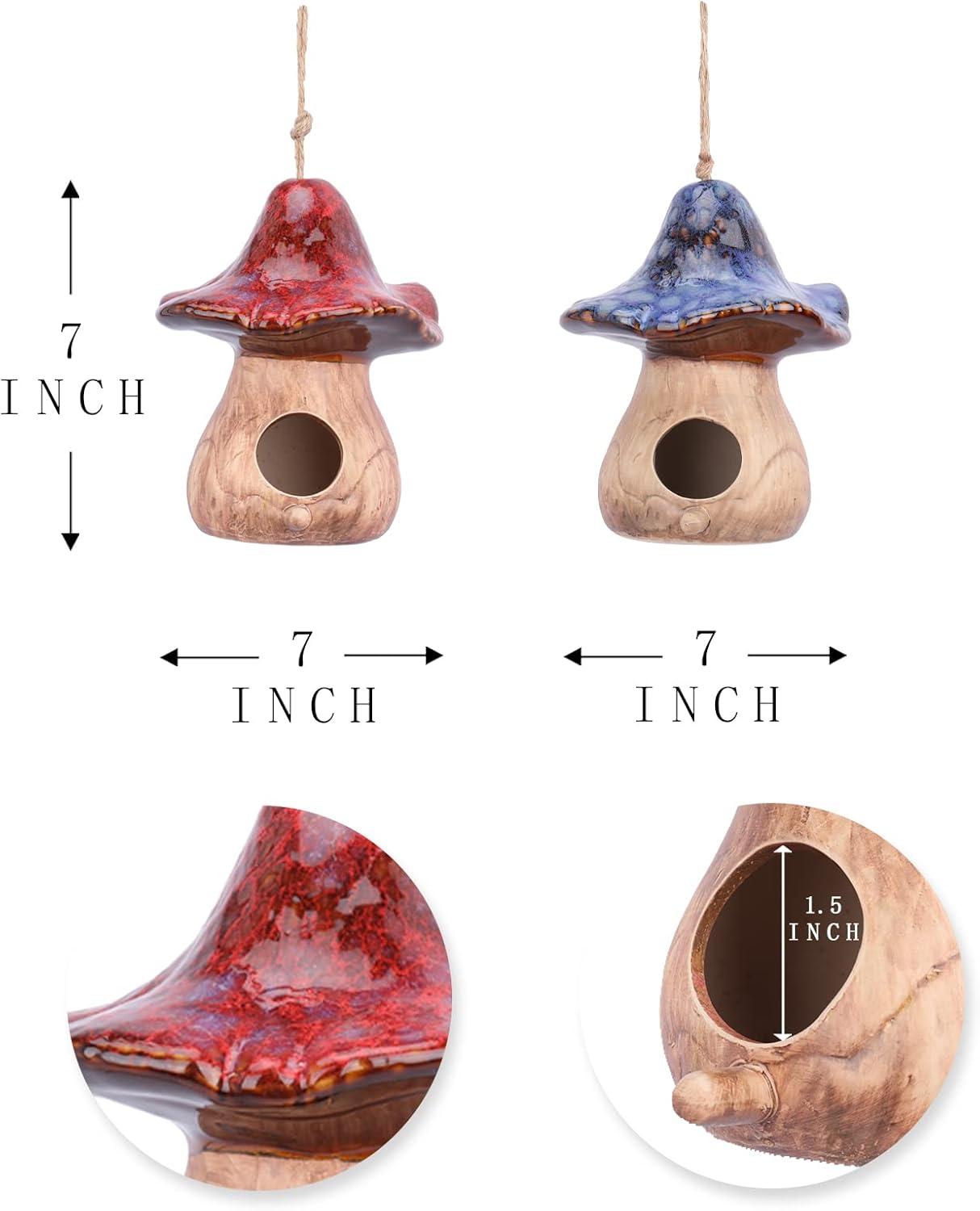 Set of 2 Red and Blue Ceramic Mushroom Birdhouses