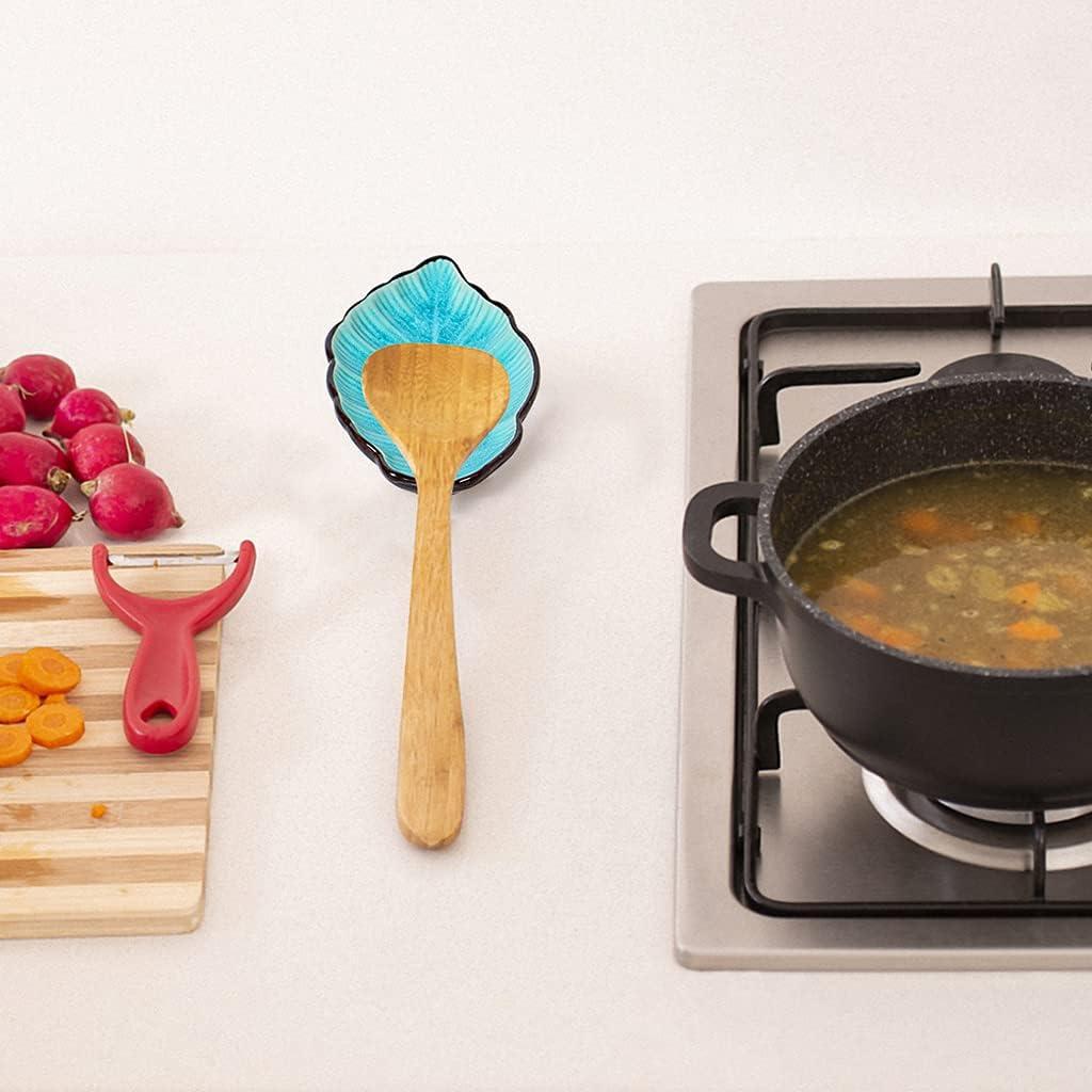 2 Pack Leaf Spoon Rest, Ceramic Ladle Holder, Modern Farmhouse Decorative Utensil Rester for Stove Top, Kitchen Counter, Dining Table, Coffee Station (Teal)