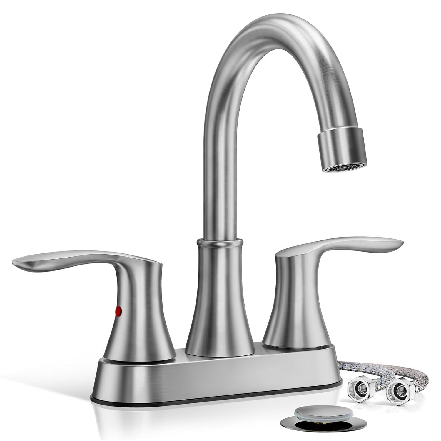 Phiestina 4 Inch 2 or 3 Hole Brushed Nickel Bathroom Sink Faucet RV Swivel 2 Handle Centerset Bath Vanity Faucet, with Water Supply line & Metal Pop-up Drain,TY36-BN