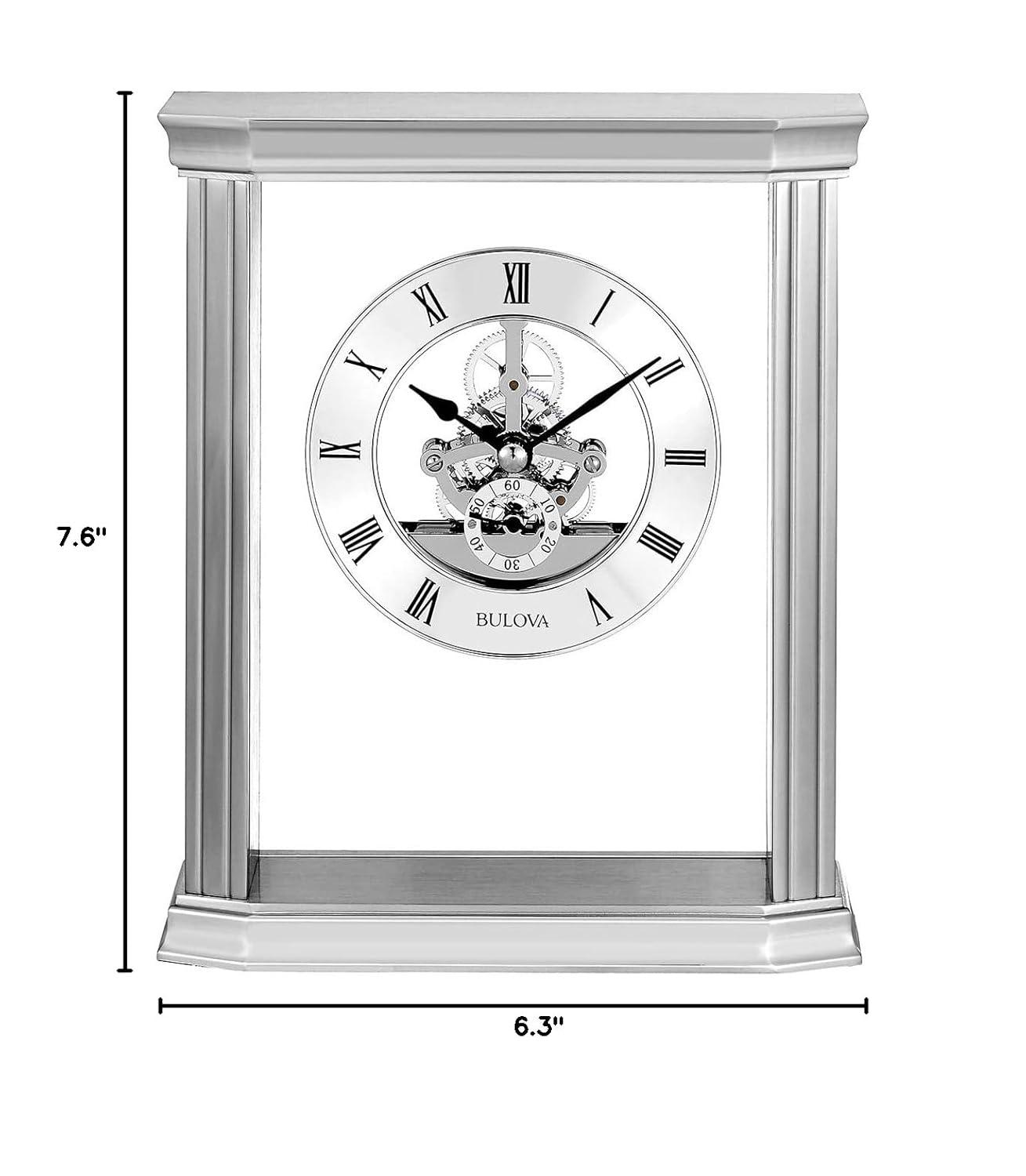 Bulova Roman Numeral Stainless Steel Quartz Movement / Crystal Tabletop Clock with Alarm in Silver