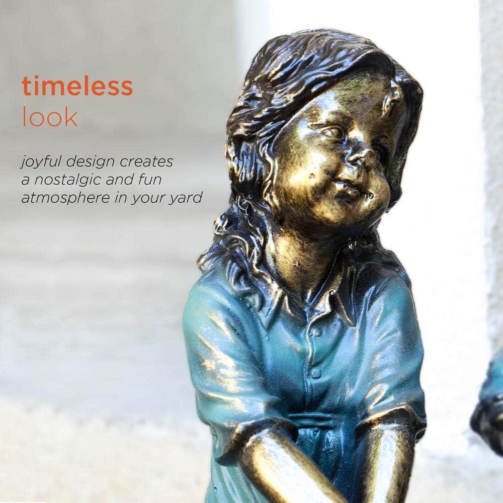 Alpine Corporation 16" Polyresin Girl and Boy with Dog Sitting on Bench Sculpture Bronze: Durable Outdoor Decor, Magnesium Oxide, Rust-Resistant