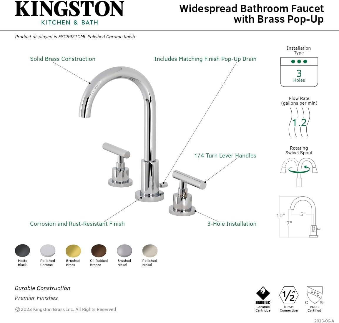 Kingston Brass FSC8925CML Kingston Brass Manhattan Two-Handle 3-Hole Deck Mount Widespread Bathroom Faucet with Brass Pop-Up Drain