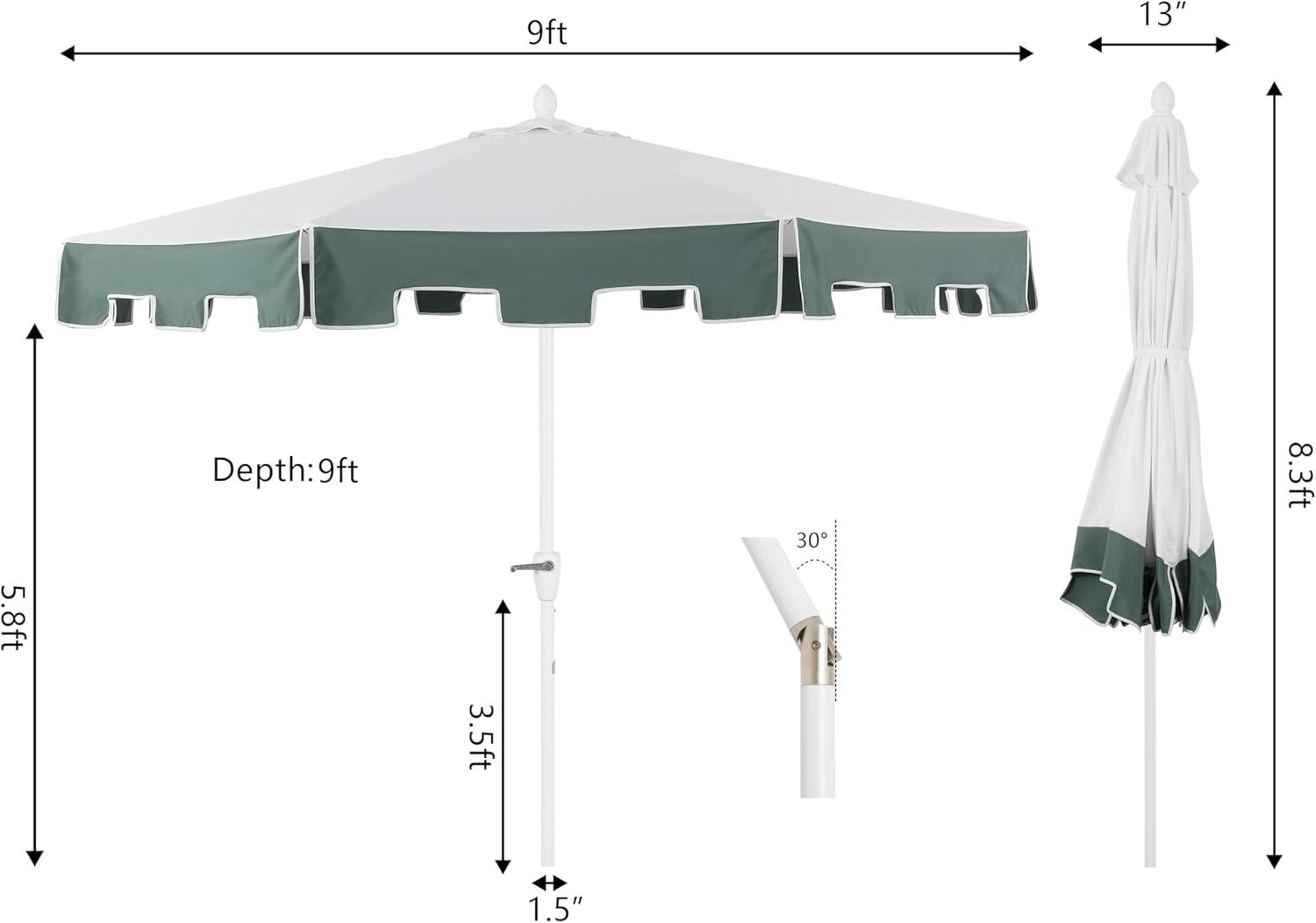 JONATHAN Y Baiona 9 ft. Classic MidCentury Market Patio Umbrella with UV Protection, Auto-Tilt, Crank and Wind Vent in White/Green