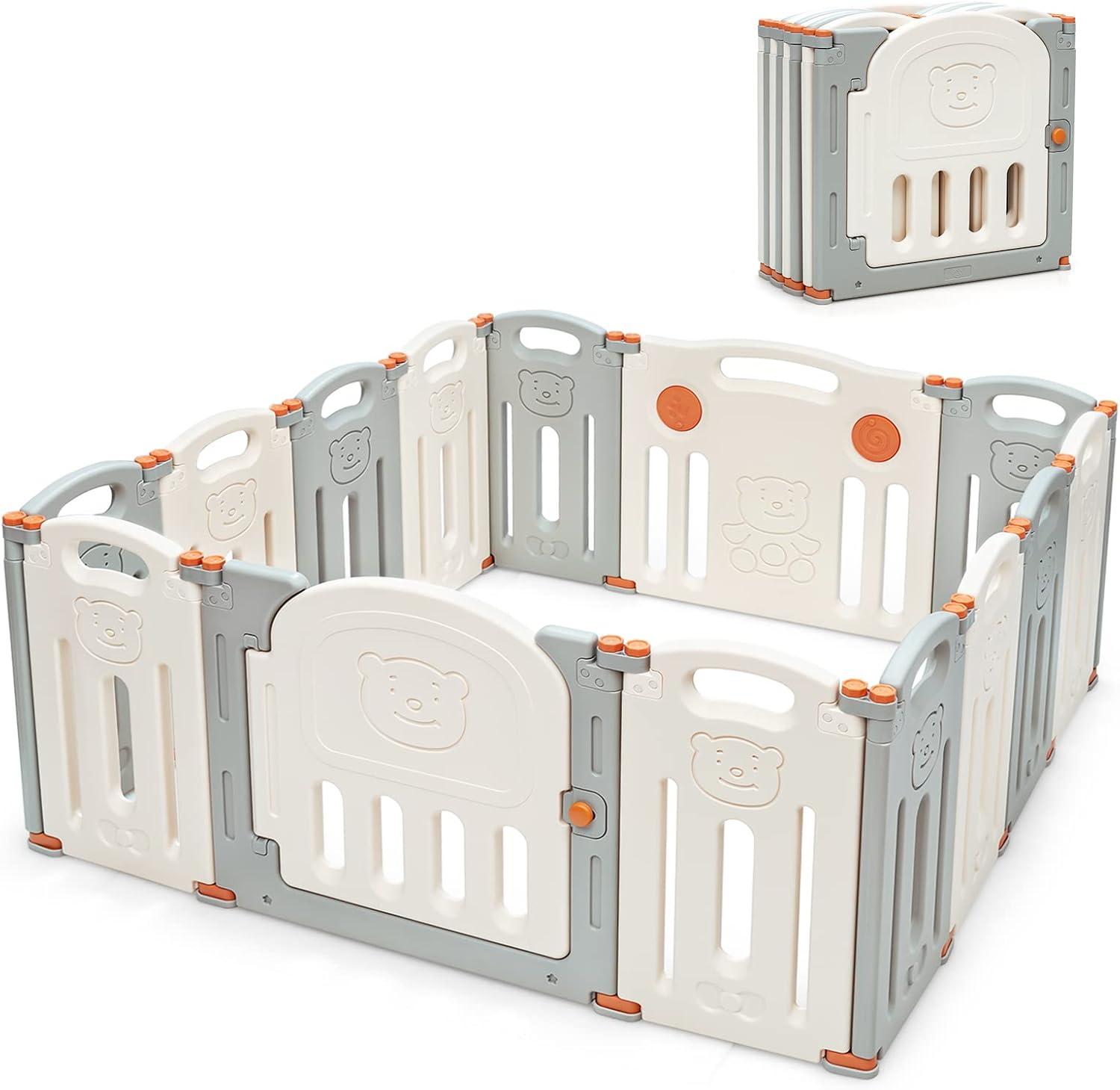 Costway Foldable Baby Playpen 14 Panels Kids Activity Play Yard Anti-slip Suction Cups Upgraded Safety Lock Safety Play Center for Babies & Toddlers