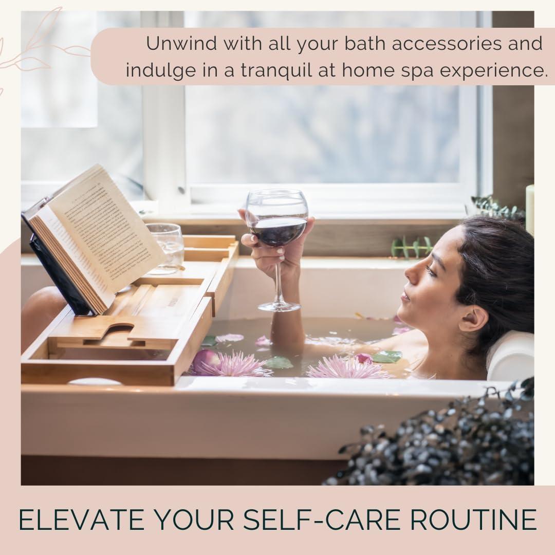 THE GLAMOUR BOUTIQUES Foldable Bamboo Bathtub Tray Caddy - Expandable Bath Tray For Tub | Secure, Non-Slip Bathtub Caddy Tray For Tub For Bath Accessories, Bath Stuff â€“ Perfect Relaxing Gifts And Spa Gift Set