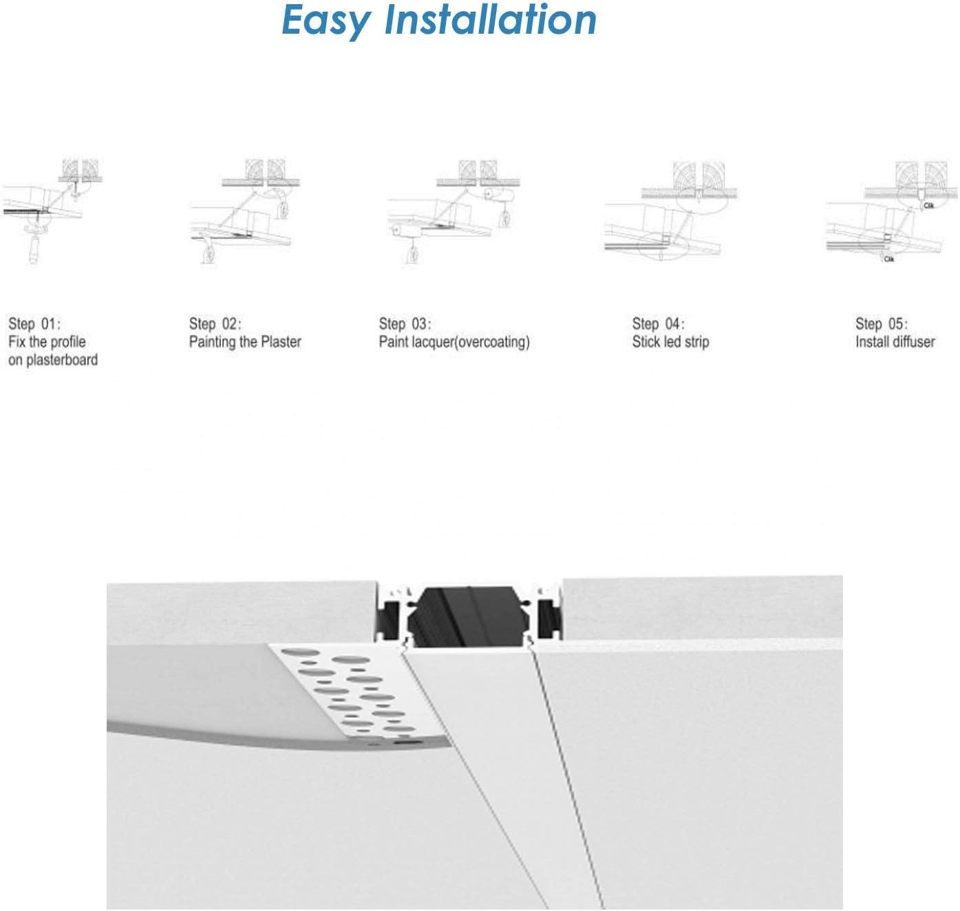 Plaster-in LED Aluminum Channel 6Pack 1m/3.3ft Plaster LED Strip Light Diffuser Profile,Trimless Drywall Aluminum LED Channel Profile with Milky Diffuser Cover End Cap for Wall and Ceiling