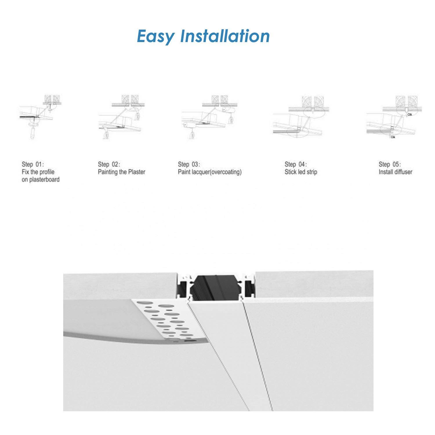 Plaster-in LED Aluminum Channel 6Pack 1m/3.3ft Plaster LED Strip Light Diffuser Profile,Trimless Drywall Aluminum LED Channel Profile with Milky Diffuser Cover End Cap for Wall and Ceiling