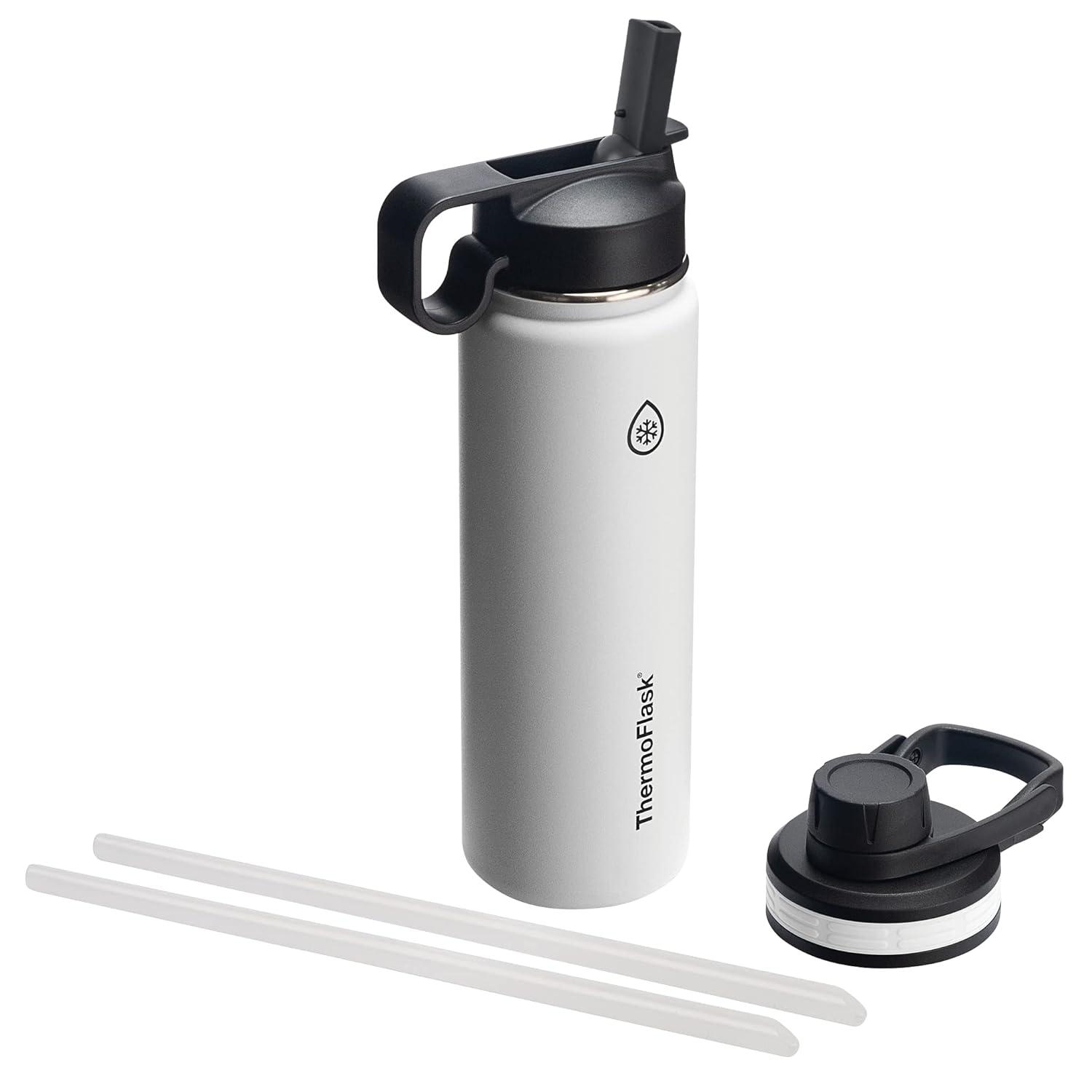 ThermoFlask 24oz Insulated Stainless Steel Bottle 2 in 1 Chug and Straw Lid White: Lifetime Warranty, Hand Wash, All Ages