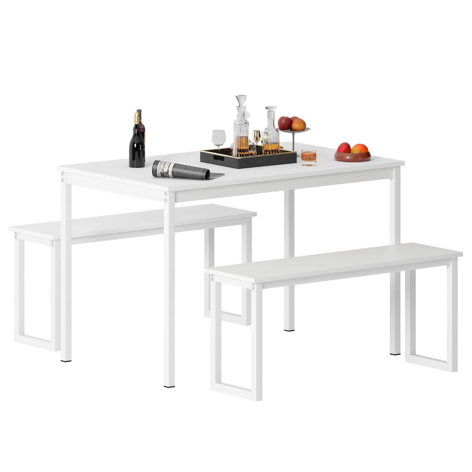 SogesPower Modern Dining Table Set with 2 Benches, 3 Piece Dining Table Set- White