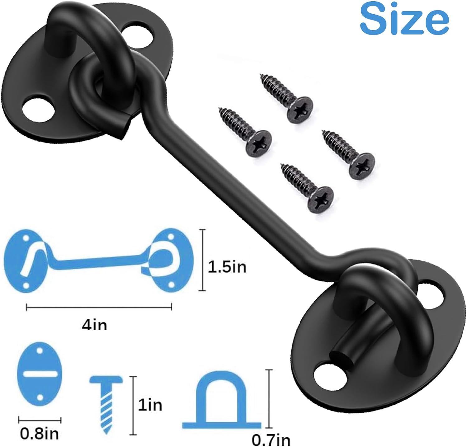 4" Barn Door Latch Door Lock Hardware, Sliding Door Lock Eye Hook Latch with Screws, Rust-Resistant Metal Gate Latch(2 Pack) Black-2 Pack