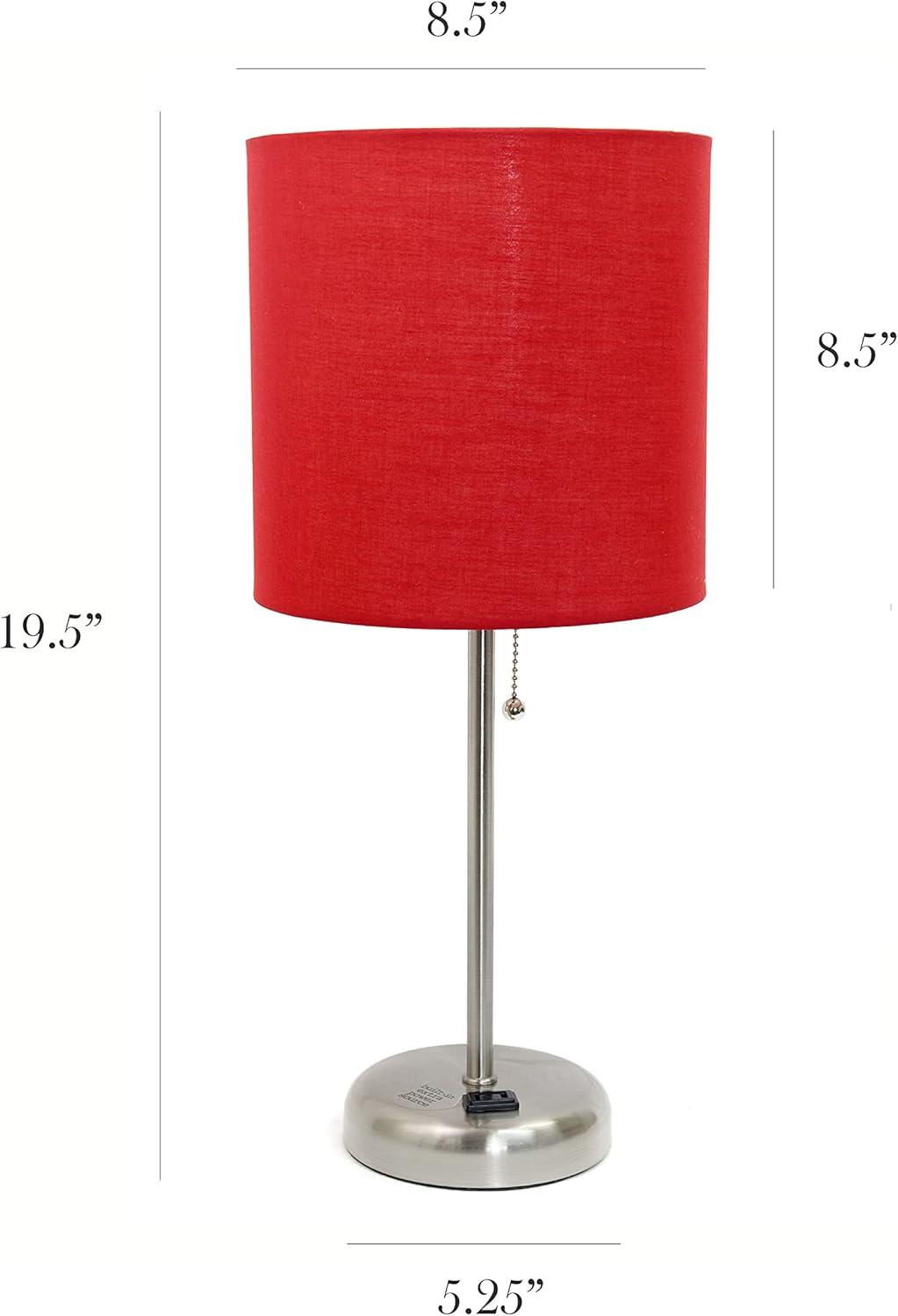 Brushed Steel Stick Table Lamp with Red Drum Shade and USB Port