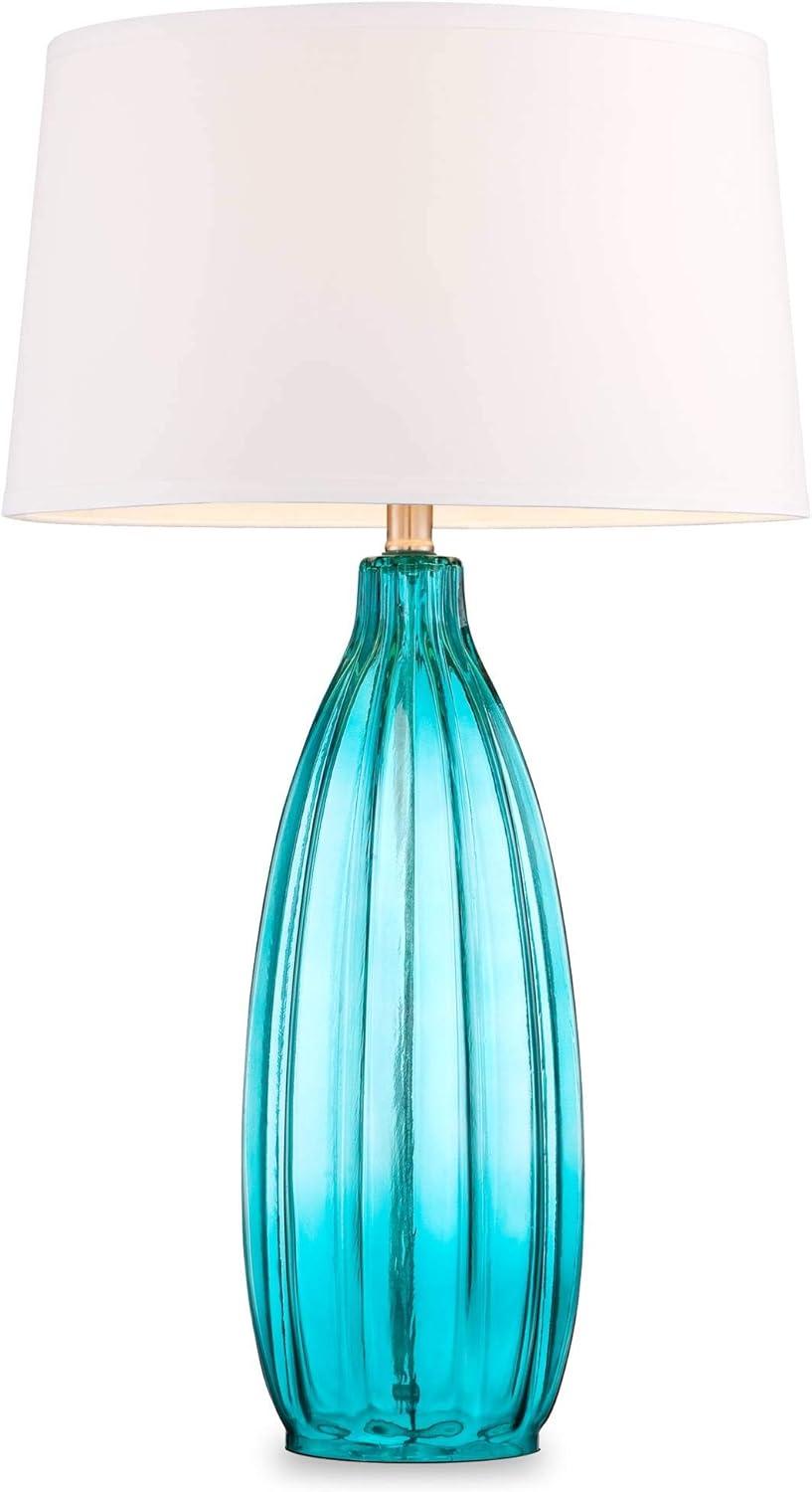 360 Lighting Coastal Table Lamps 30" Tall Set of 2 Fluted Blue Glass White Drum Shade for Living Room Family Bedroom Bedside Nightstand