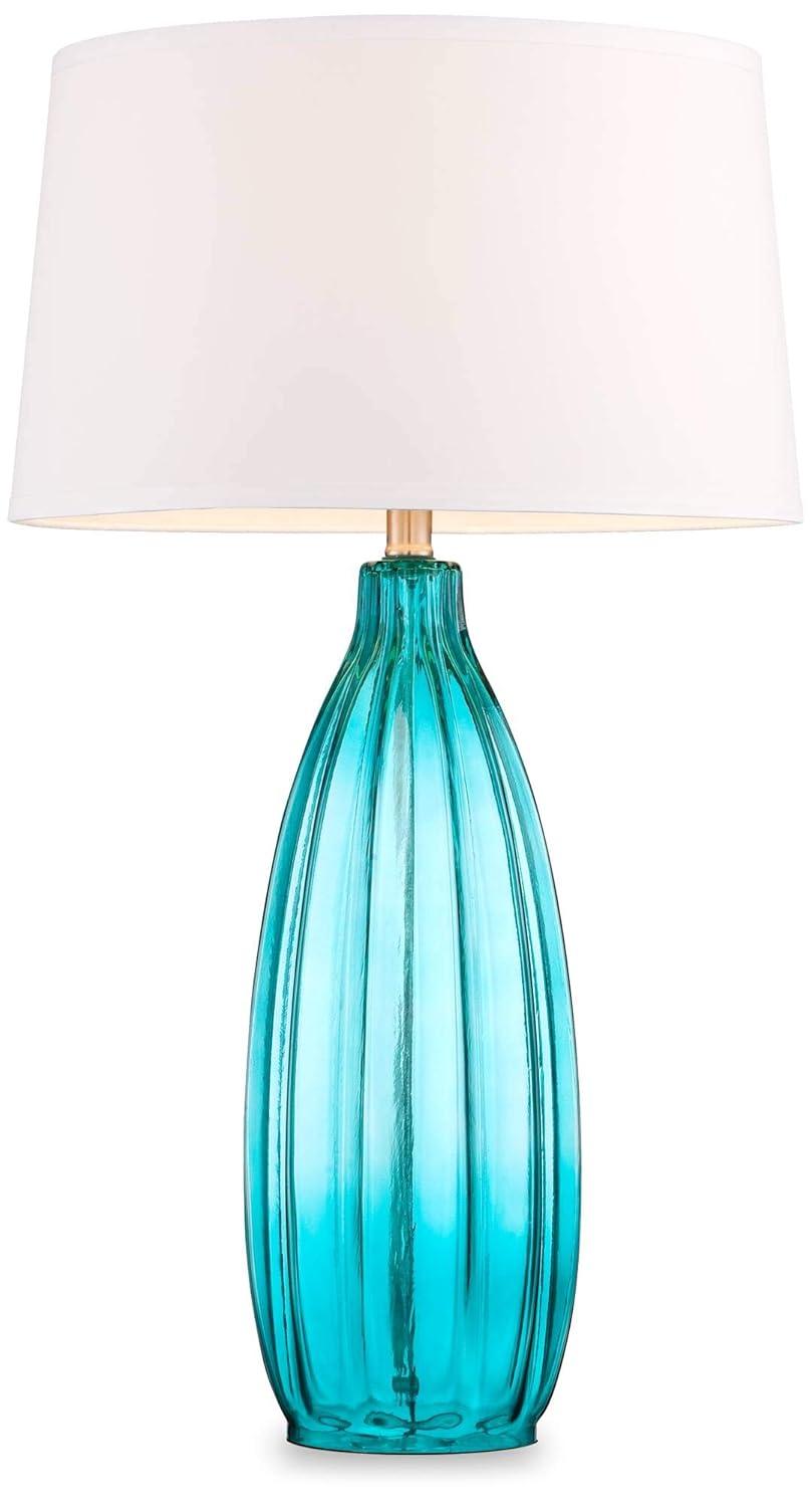 360 Lighting Coastal Table Lamps 30" Tall Set of 2 Fluted Blue Glass White Drum Shade for Living Room Family Bedroom Bedside Nightstand