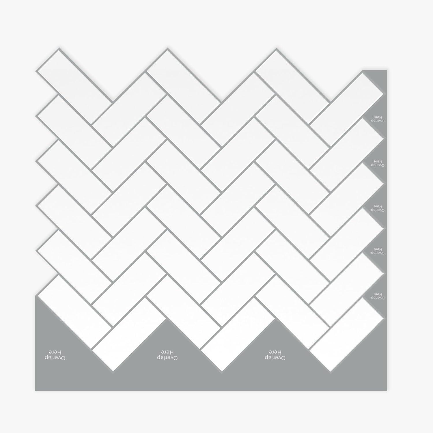 Clever Mosaics Thicker Upgrade White Vinyl Peel and Stick Herringbone Tile Backsplash 12" x 12" (set of 10)