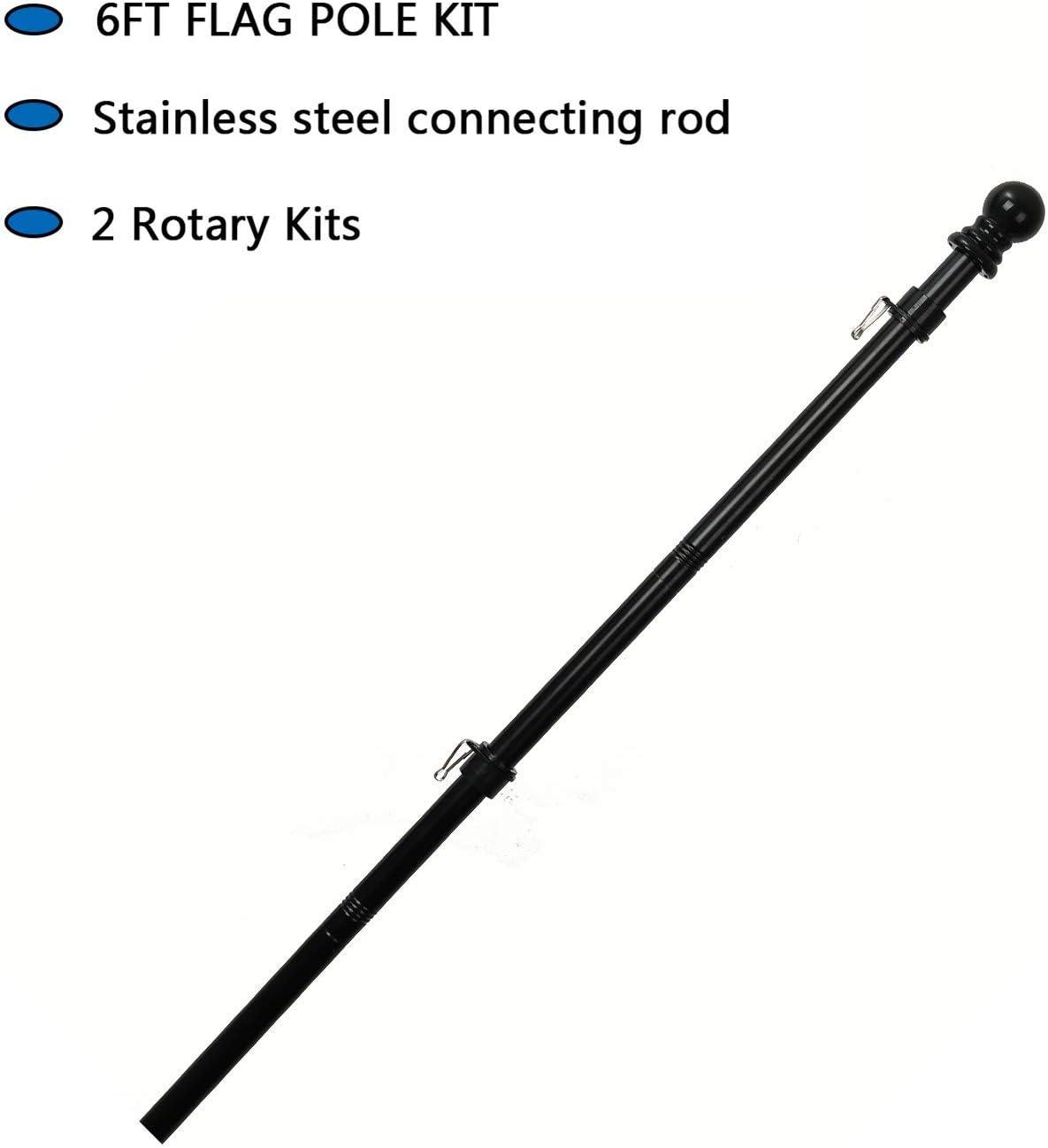 6FT Flag Pole Kit,Stainless Steel Heavy Duty Black American US Flagpole, Rustproof for Outdoor Garden Roof Walls Yard (Without Bracket)