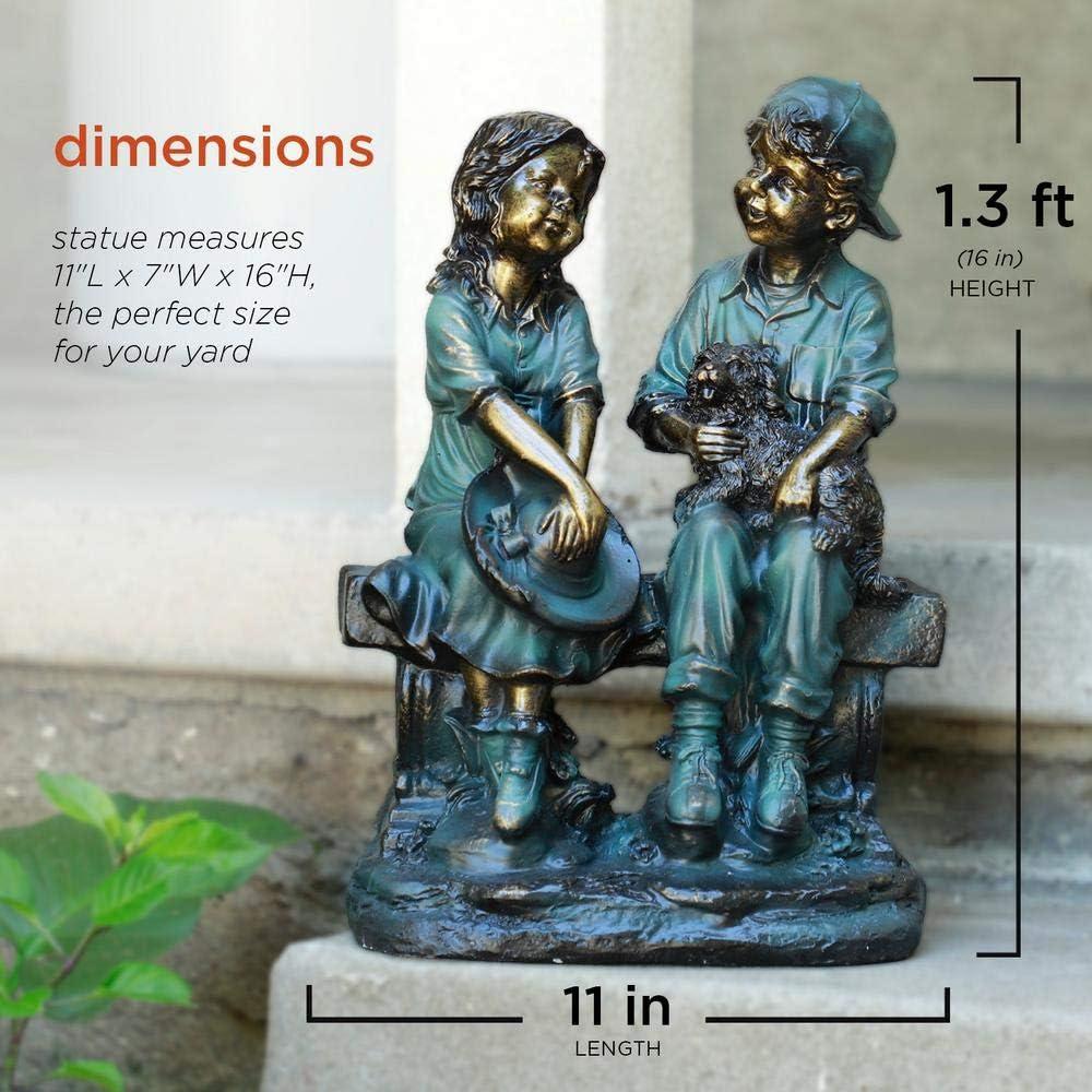 16" Polyresin Girl and Boy with Dog Sitting on Bench Sculpture Bronze - Alpine Corporation