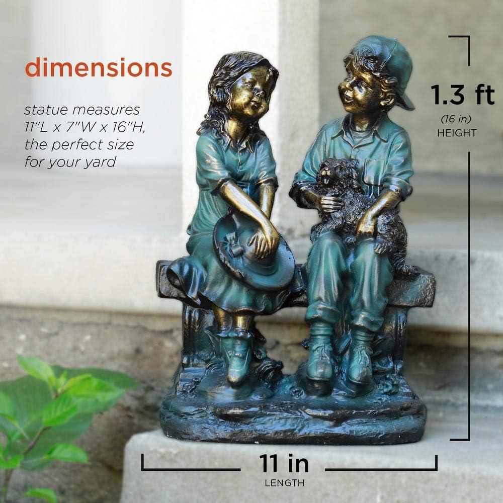 Alpine Corporation 16" Polyresin Girl and Boy with Dog Sitting on Bench Sculpture Bronze: Durable Outdoor Decor, Magnesium Oxide, Rust-Resistant