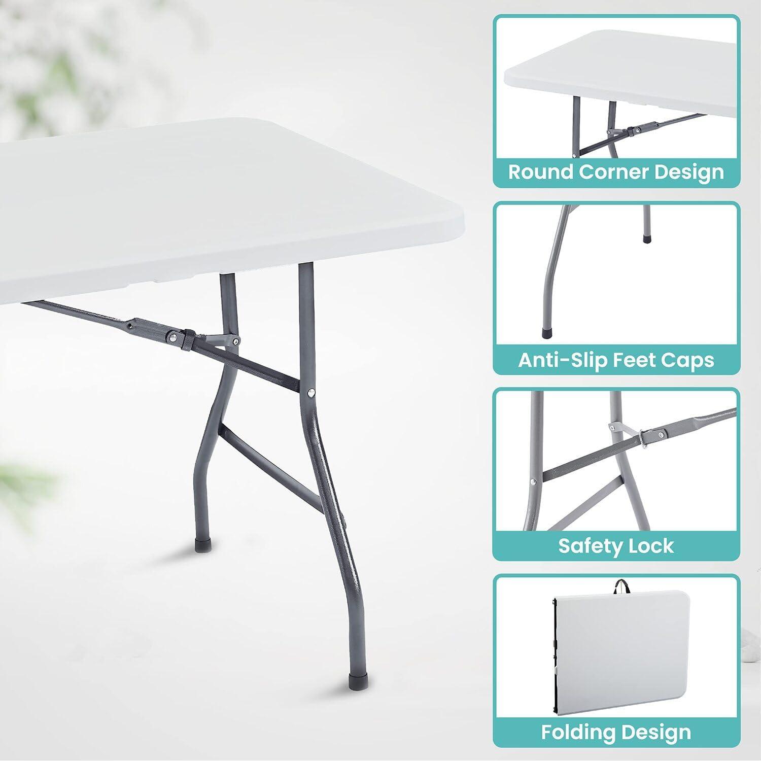 6ft Folding Table Multipurpose Foldable Dinner Table Portable Folding Rectangular Resin Table for Outdoor Camping Picnic Party by Naomi Home - White