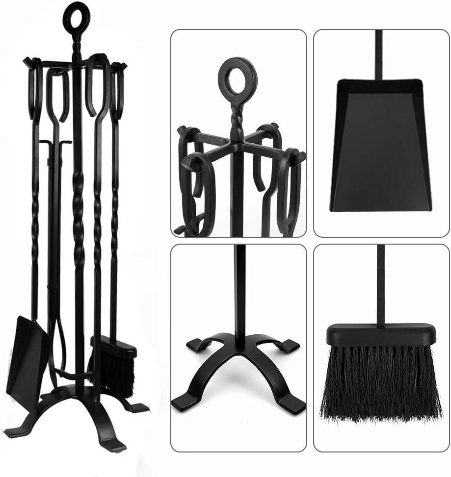 Amagabeli 5 Pieces Fireplace Tools Set Indoor Wrought Iron Fire Set Fire Place Pit Large Poker Wood Stove Log Firewood Tongs Holder Tools Kit Sets with Handles Modern Black Outdoor Accessories Kit