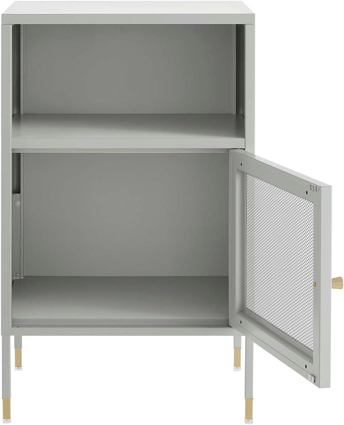 Light Gray Metal Side Table with Storage and Mesh Door