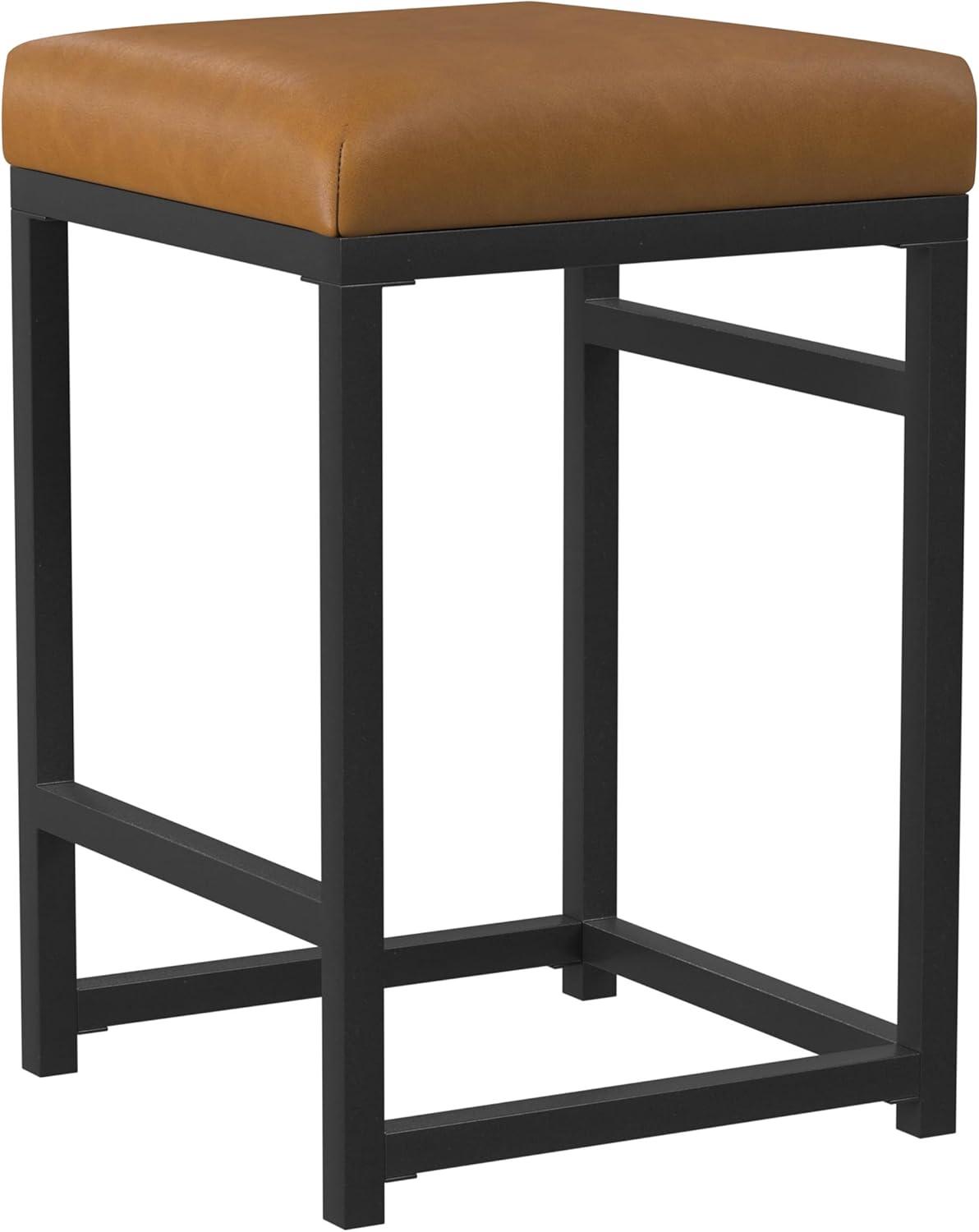 24" Open Back Metal Counter Height Barstool Faux Leather Carmel - HomePop: Kitchen Island Seating, Industrial Style