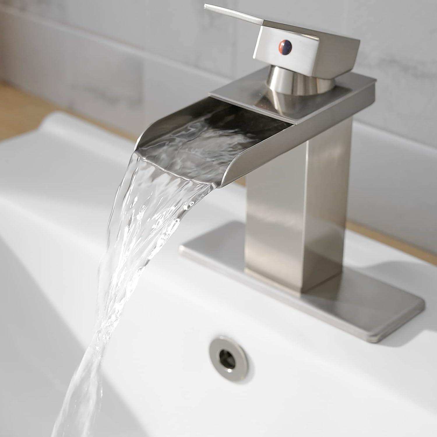 Brushed Nickel Square Waterfall Bathroom Faucet with Deck Plate