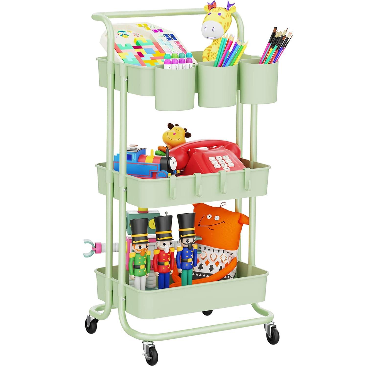 3-Tier Metal Rolling Cart Utility Cart Storage Cart with Lockable Wheels, 3 Hanging Cups & 4 Hooks for Office, Kitchen, White