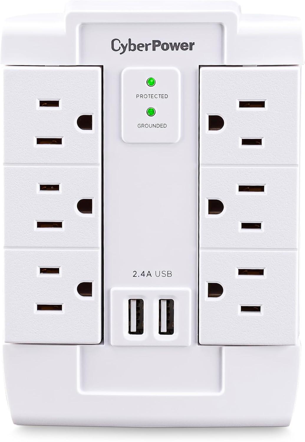 CyberPower CSP600WSURC2 6-Outlet Swivel Professional Surge Protector Wall Tap With 2 USB Ports