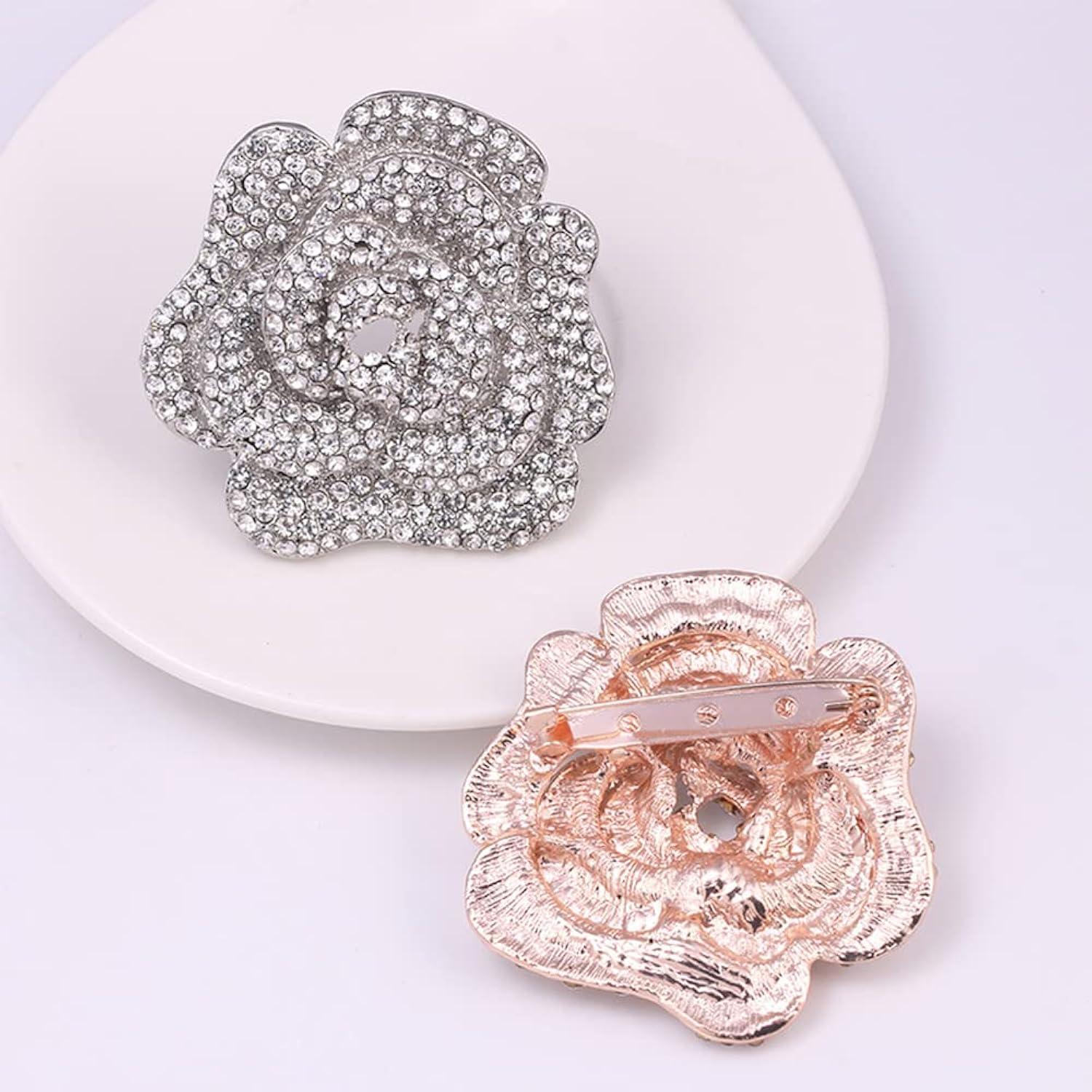 Rhinestone Rose Brooch Pin for Women Girls Fashion Crystal Big Blossom Flower Brooch Lapel Pins Elegant Dress Accessories Jewelry Boutonniere Corsage for Hat Bag Suit Tie Gift Wedding Holiday