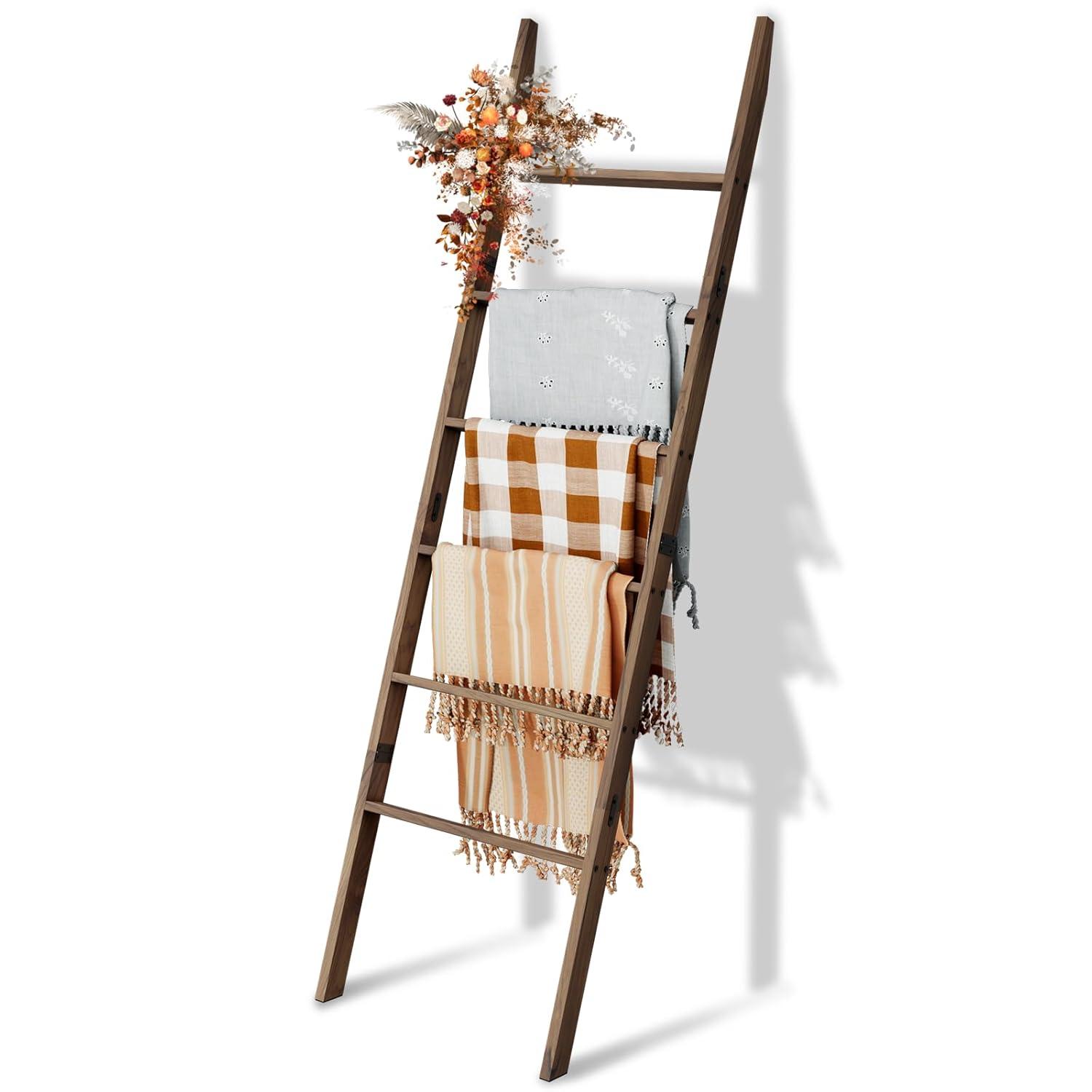 Acacia Wood Blanket Ladder, Rustic Towel Quilt Throw Clothes Blanket Ladders for The Living Room, Bedroom, Nursery Stand Holder, Wooden Decorative Ladder for Blankets Rack Farmhouse Home Decor